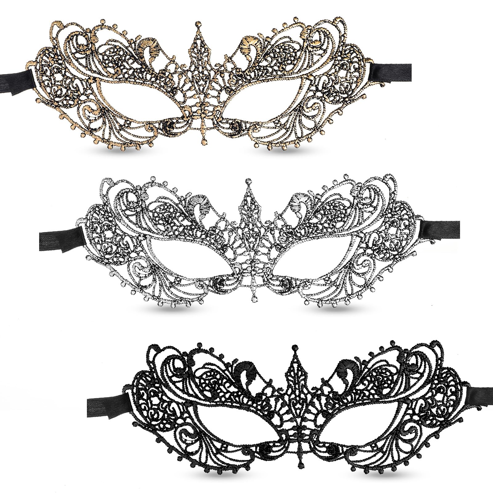 Classicseali 3 máscaras para disfraz, máscara veneciana, de encaje, máscara veneciana para mujer y hombre, máscara de encaje, para Halloween, carnaval, danza (oro, plata, negro)