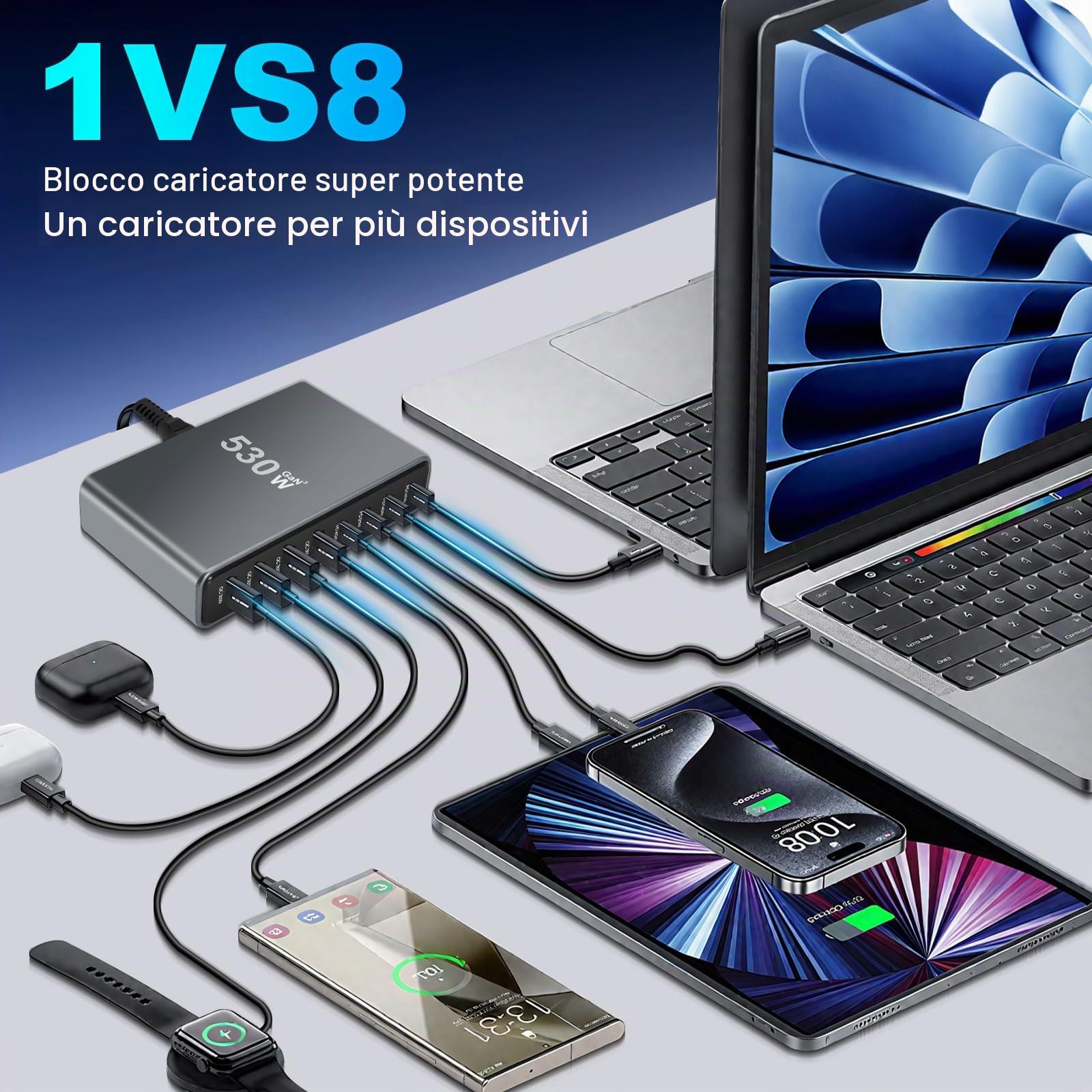 Caricatore USB C da 530 W, multiplo con 8 porte, GaN III, USB, multiplo con 4 x USB-C e 4 x USB-A, PD140 W, 65 W, 30 W Power Delivery stazione di ricarica USB C per MacBook Pro/Air, iPhone, iPad