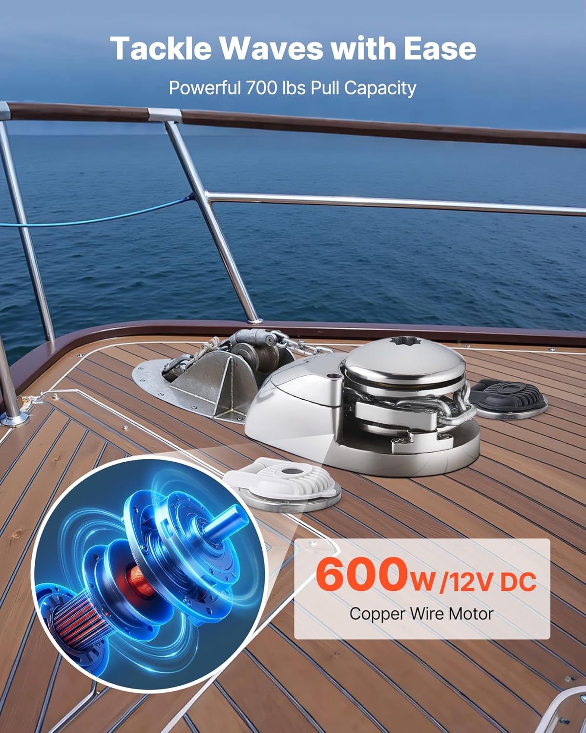 VEVOR Vertical Fishing Windlass installed on a boat deck, highlighting its powerful 700 lbs pull capacity and 600W/12V DC copper wire motor.