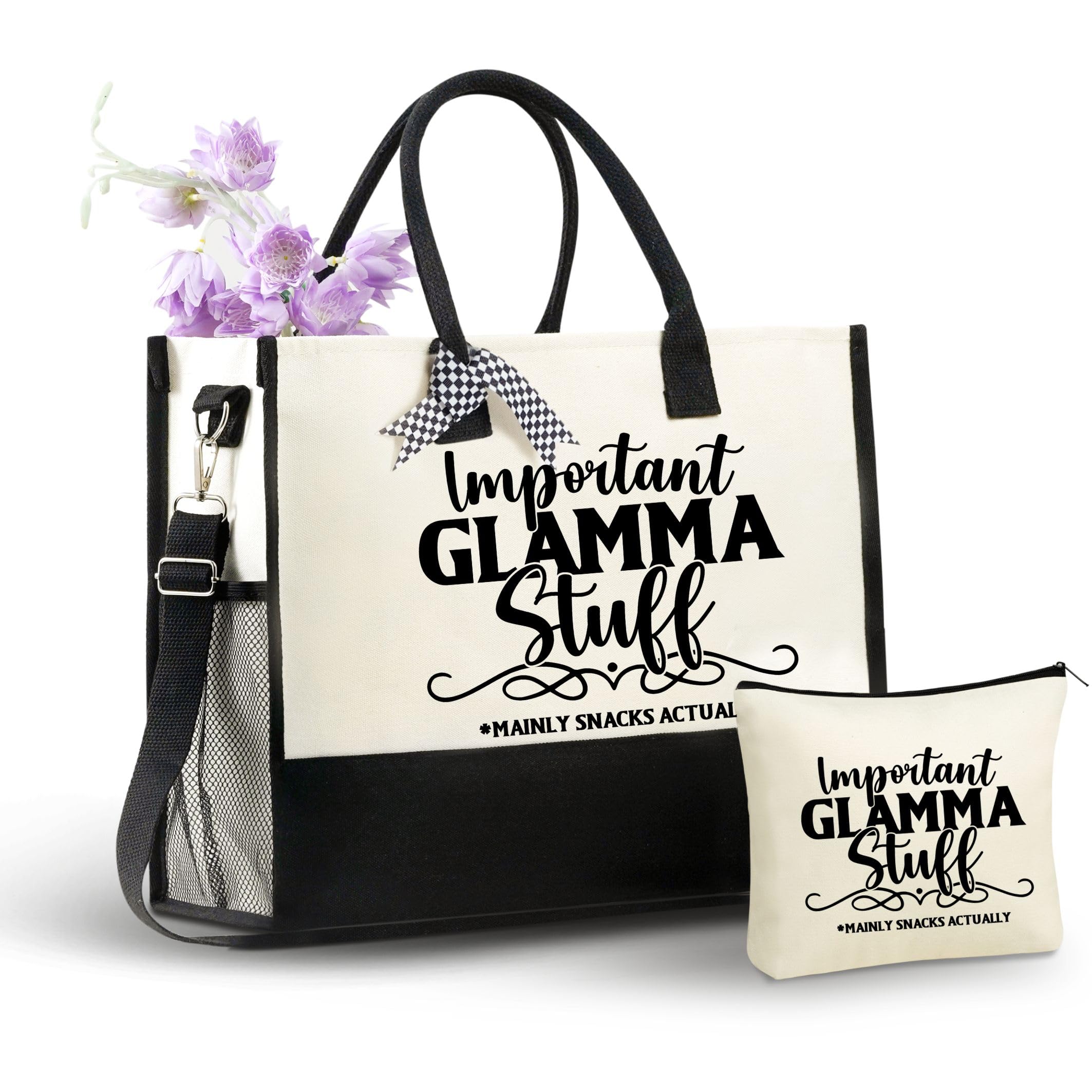InnoBeta Glamma Gifts Canvas Tote Bag for Grandma, Important Glamma Stuff Bag with Top Zipper Closure and Shoulder Strap for Birthday, Mother's Day,