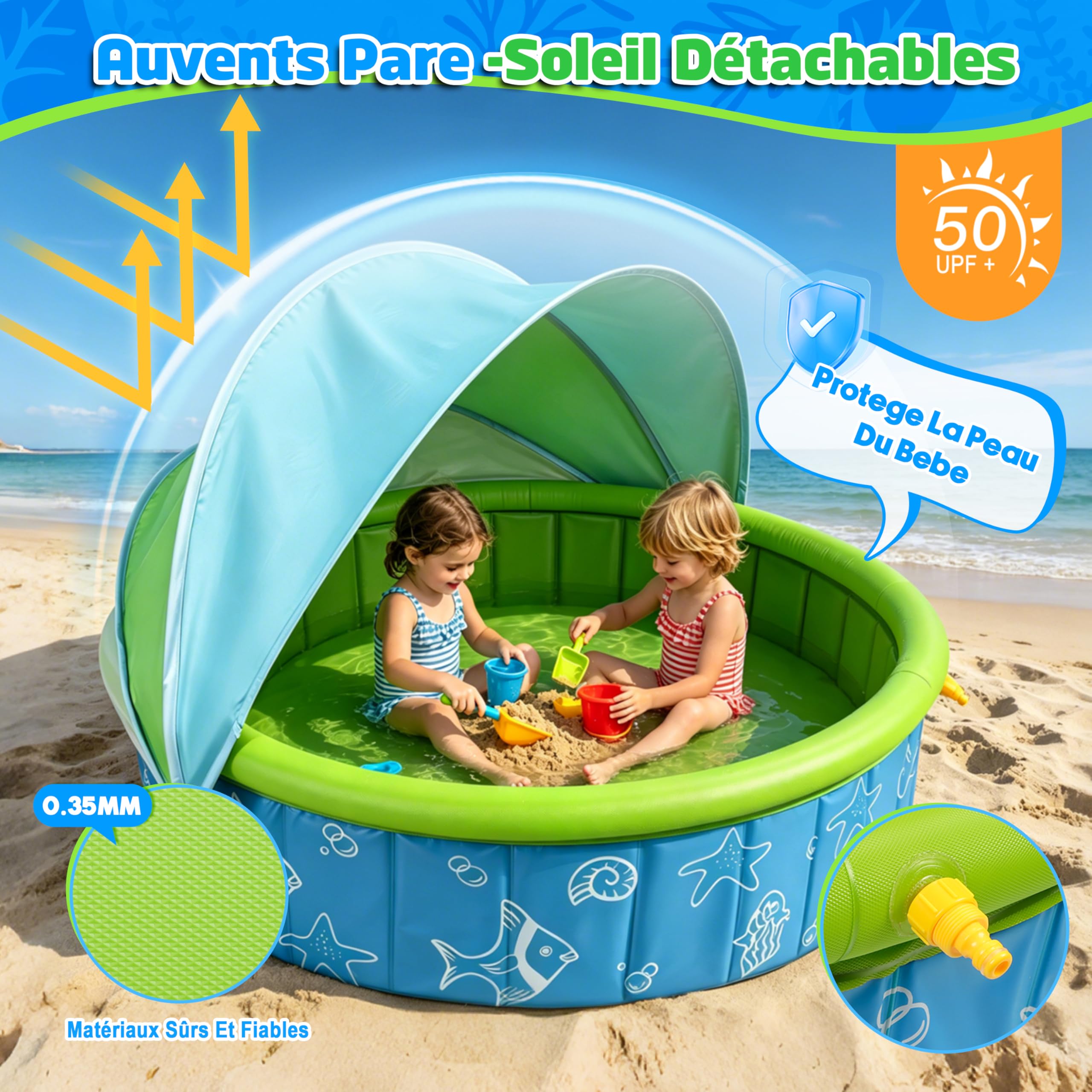 JONRRYIN Piscine Enfant avec Pare Soleil et Arroseur, Pataugeoire pour Chien et Enfant avec Tente de Plage Anti UV, 120×36 cm Pataugeoire Portable et Antidérapante pour Jardin Plage
