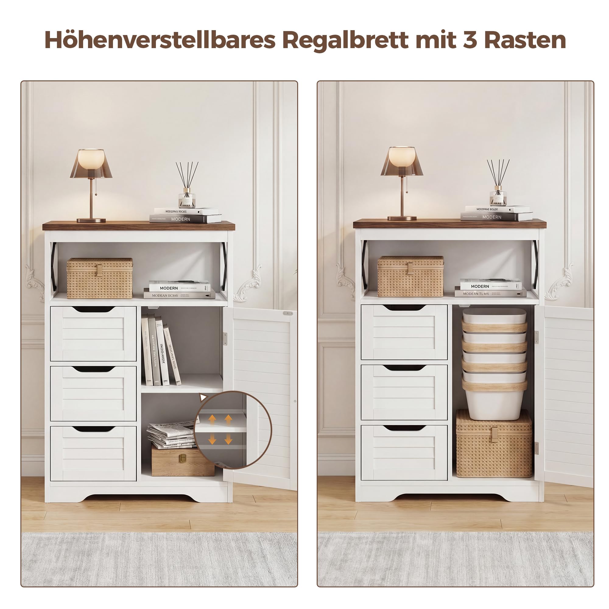 BonVache Küchenschrank mit 3 Schubladen, Jalousiestil, Aufbewahrungsschrank mit Offene Ablagefächer, Verstellbare Ablage, für Küche, Flur, Badezimmer, Wohnzimmer, 56 x 30 x 87cm, Weiß