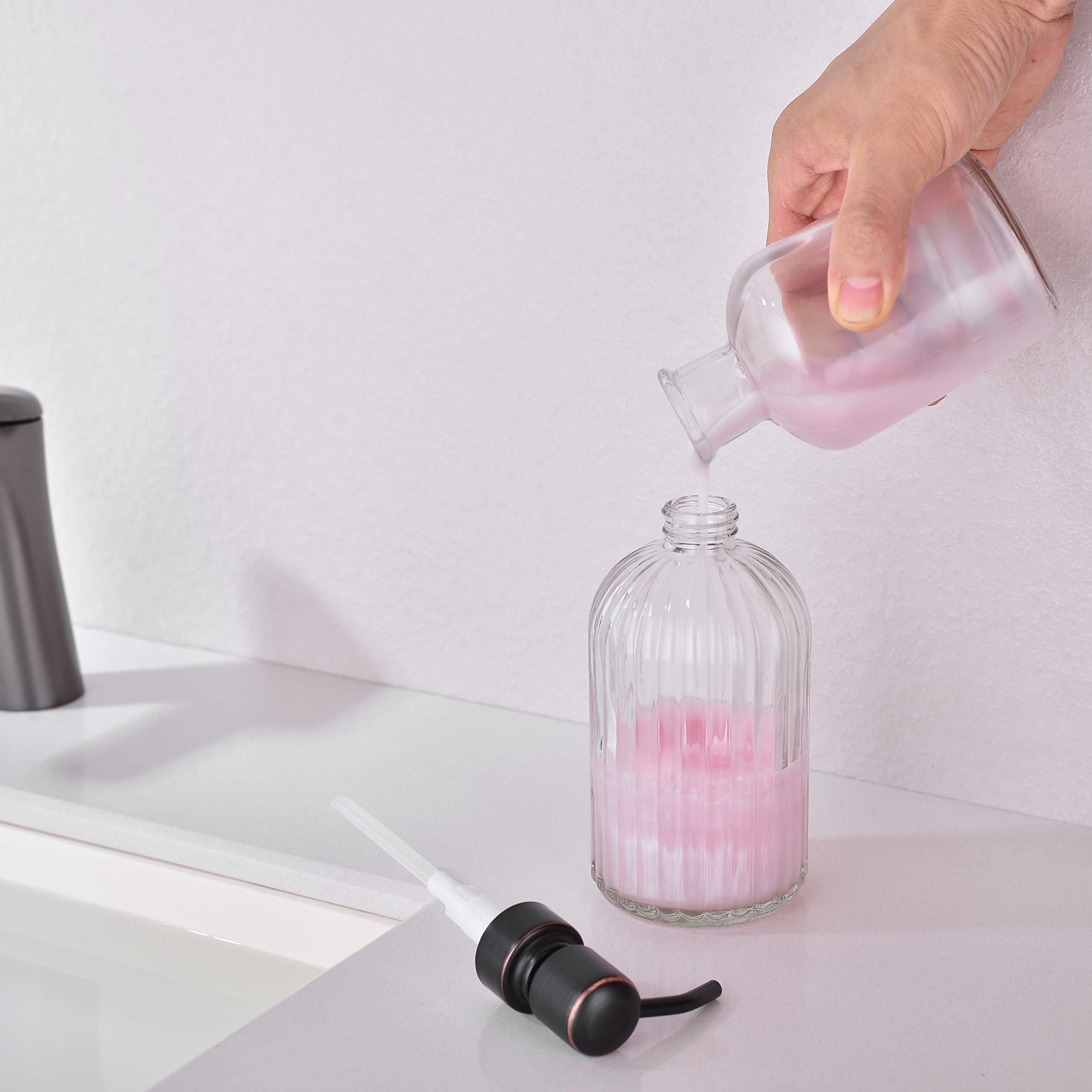 Dispenser di sapone liquido da bagno in bronzo lucidato a olio, con pompa in acciaio inox antiruggine, bottiglia in vetro trasparente da 473 ml, 2 confezioni