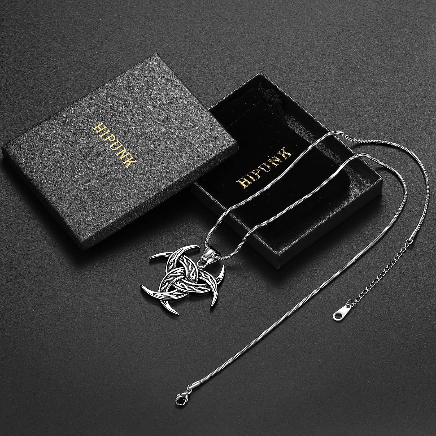 Celtic Knot Necklace Viking Pendant - Celtic Norse Triple Odin Horns Crescent Moon of Oden Horn Necklace Mens 316L Stainless Steel Triskelion Amulet Pewter Tribal Protection Viking Triskele Jewelry - Image 5