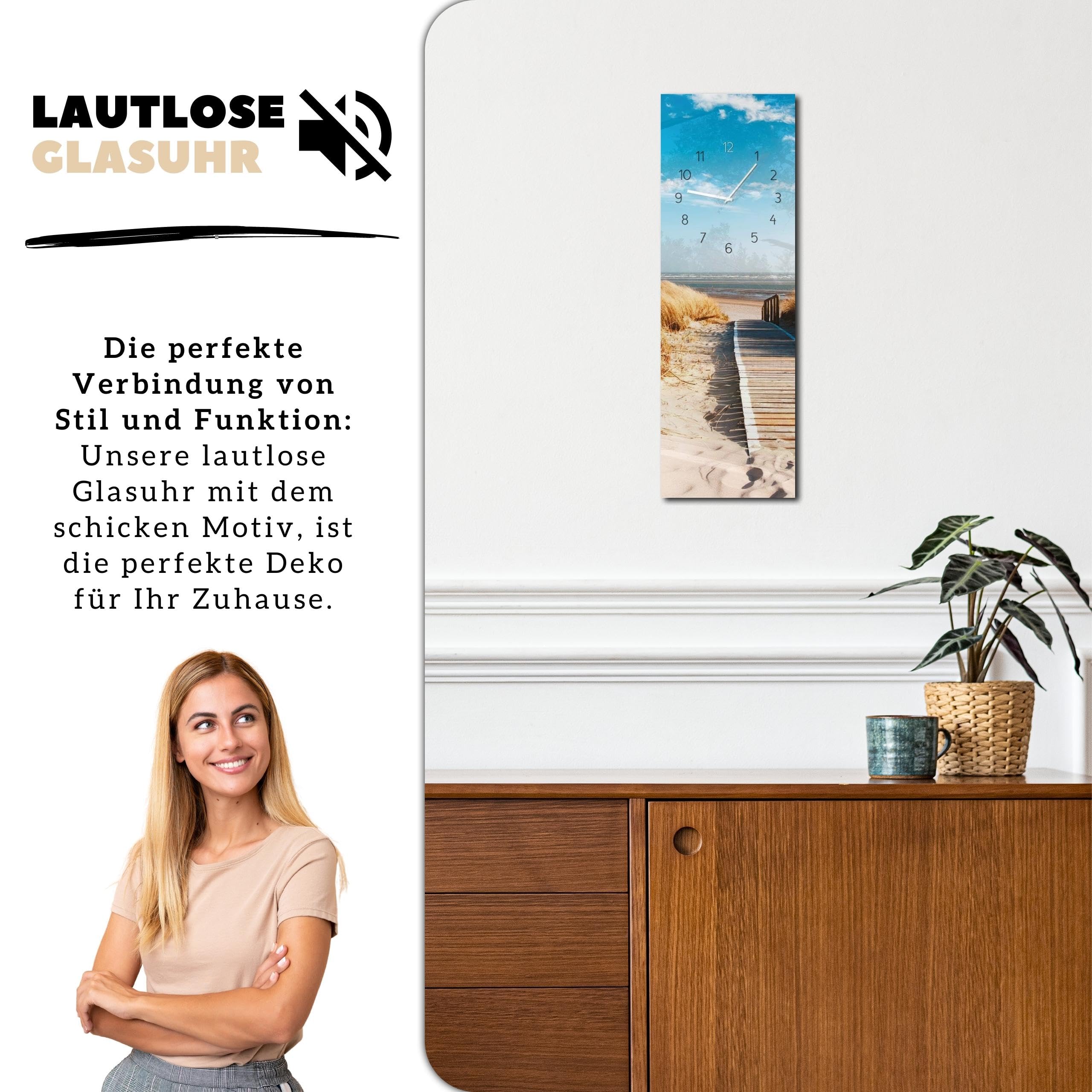 Wanduhr Sunny Beach 20 x 60 cm (OHNE TICKGERÄUSCHE) – Glasuhr inklusive Wandaufhängung – Lautlose Uhr Made in EU für Wohnzimmer, Esszimmer, Flur oder Schlafzimmer – einfache Montage