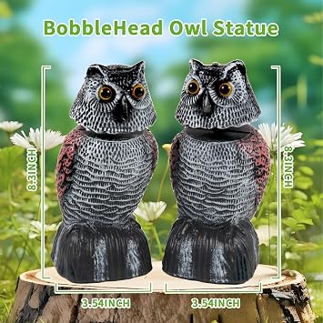 BobbleHead Owl Decoys Sculpture to Scare Birds Away, 2-Pack 8.3 Fake Owl Plastic Scarecrow Bird Deterrent, Natural Enemy Pest Repellent, Garden Decor Statues for outside, Patio, Lawn, Yard Decoration
