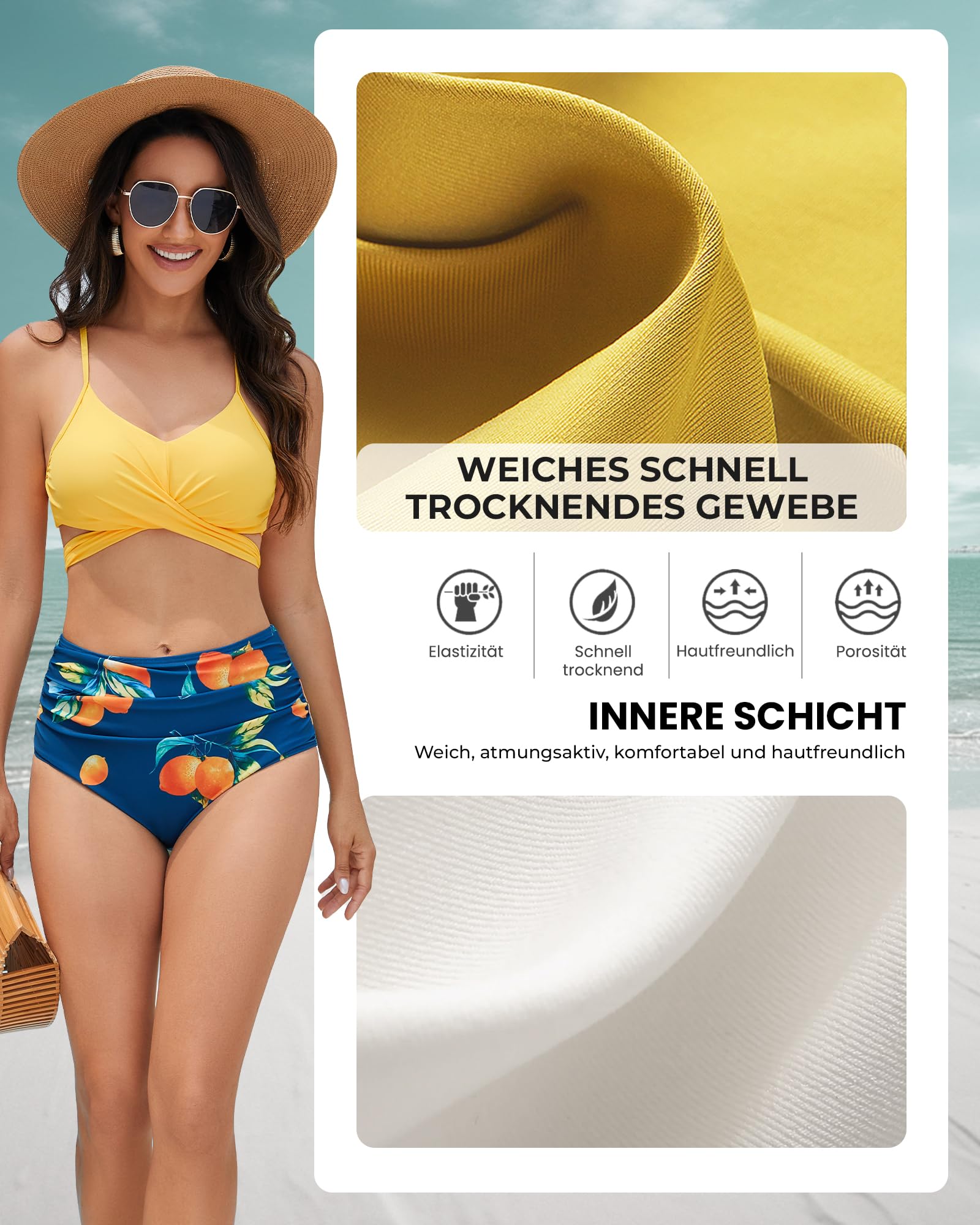 Bikini Damen Set, Bauchweg High Waist Bademode Push Up Shape