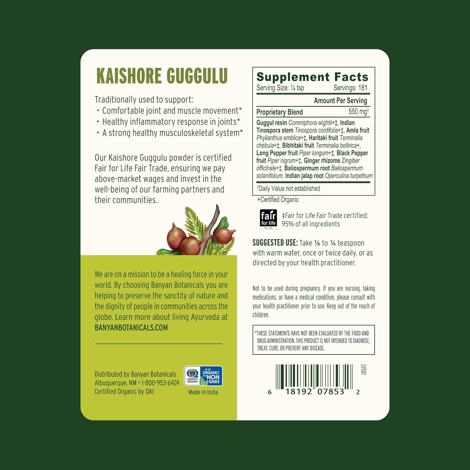 Banyan Botanicals Kaishore Guggulu Powder – Organic Joint Support Supplement – Traditional Blend that Supports Healthy Joints and Muscles – 3.5 oz – Non-GMO Sustainably Sourced Vegan*