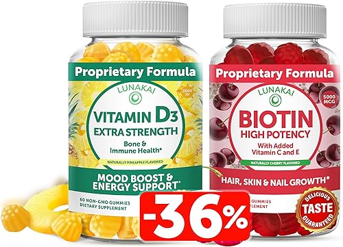 Lunakai Paquete de gomitas de biotina y vitamina D3, gomitas para el crecimiento del cabello, la piel y las uñas con vitamina C y E, suplemento de
