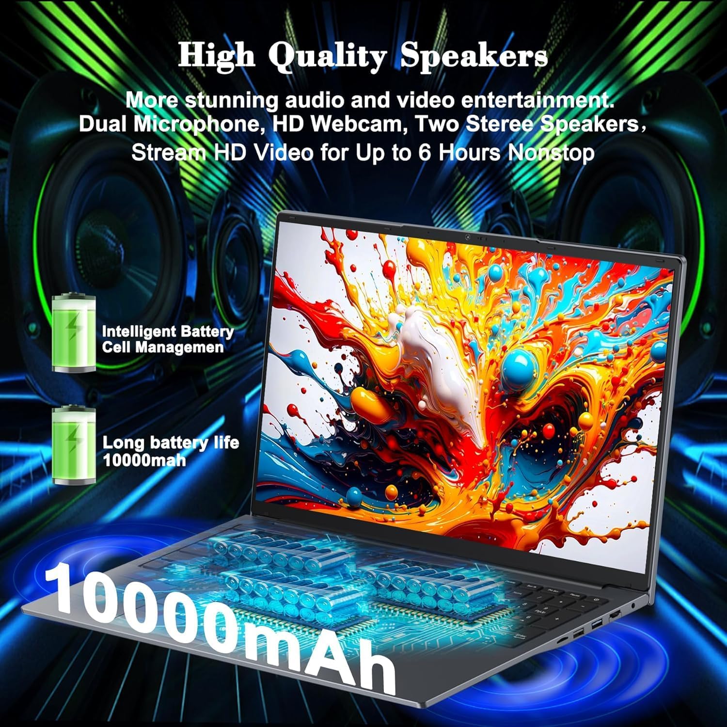 17.3 Inch Windows 11 Laptops 12th Generation Processor N95 4C 4T(3.4Ghz), 16GB RAM 512GB SSD Laptop Computer 10000mAh Large Battery Type-C(Data), WiFi5,BT,RJ45,Dual Stereo Speakers, Backlit Keyboard