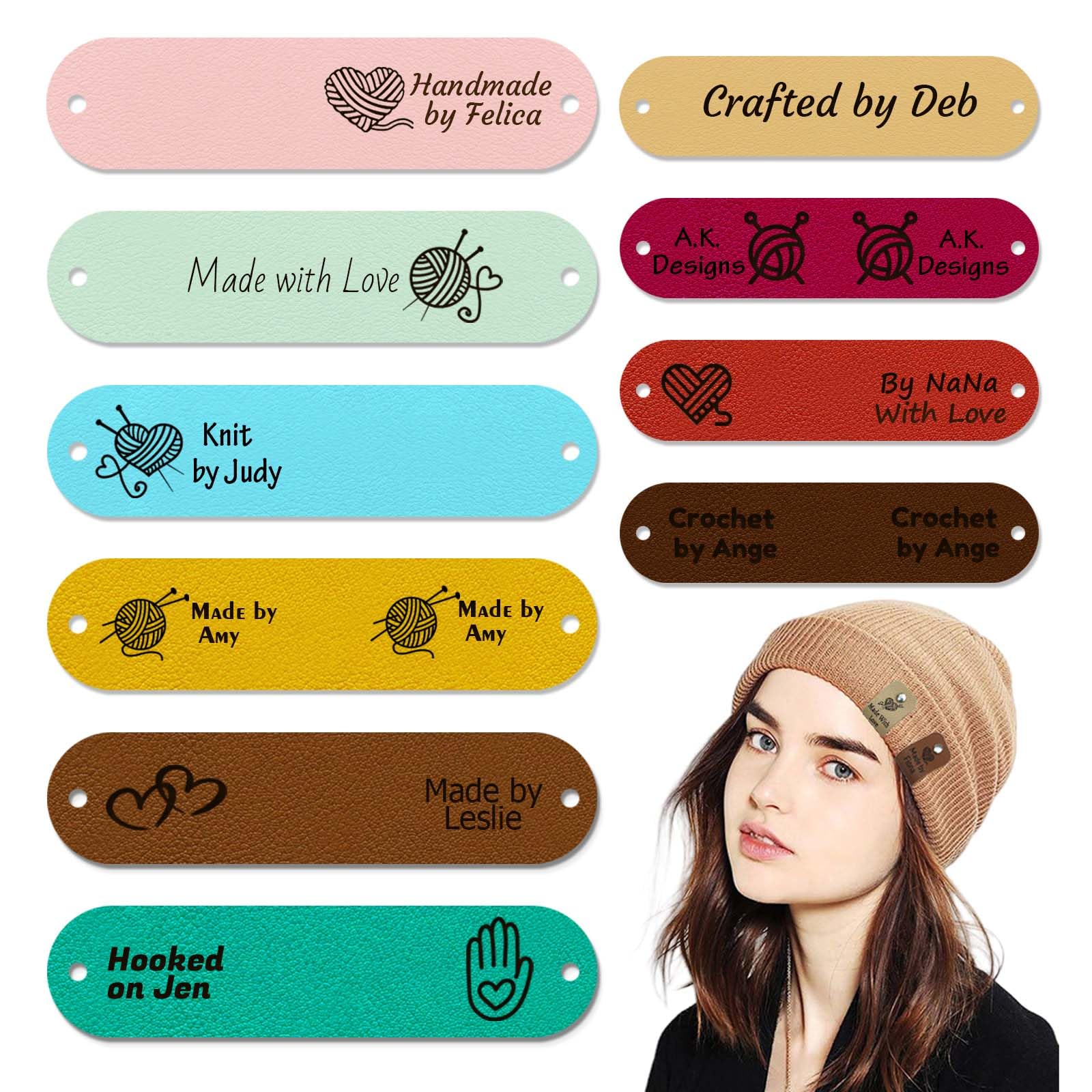 Custom Labels for Crochet and Knits Projects,Personalized Handmade Leather Embossed Tags Embellishment with Rivets,Cute Labels Handmade Items,DIY