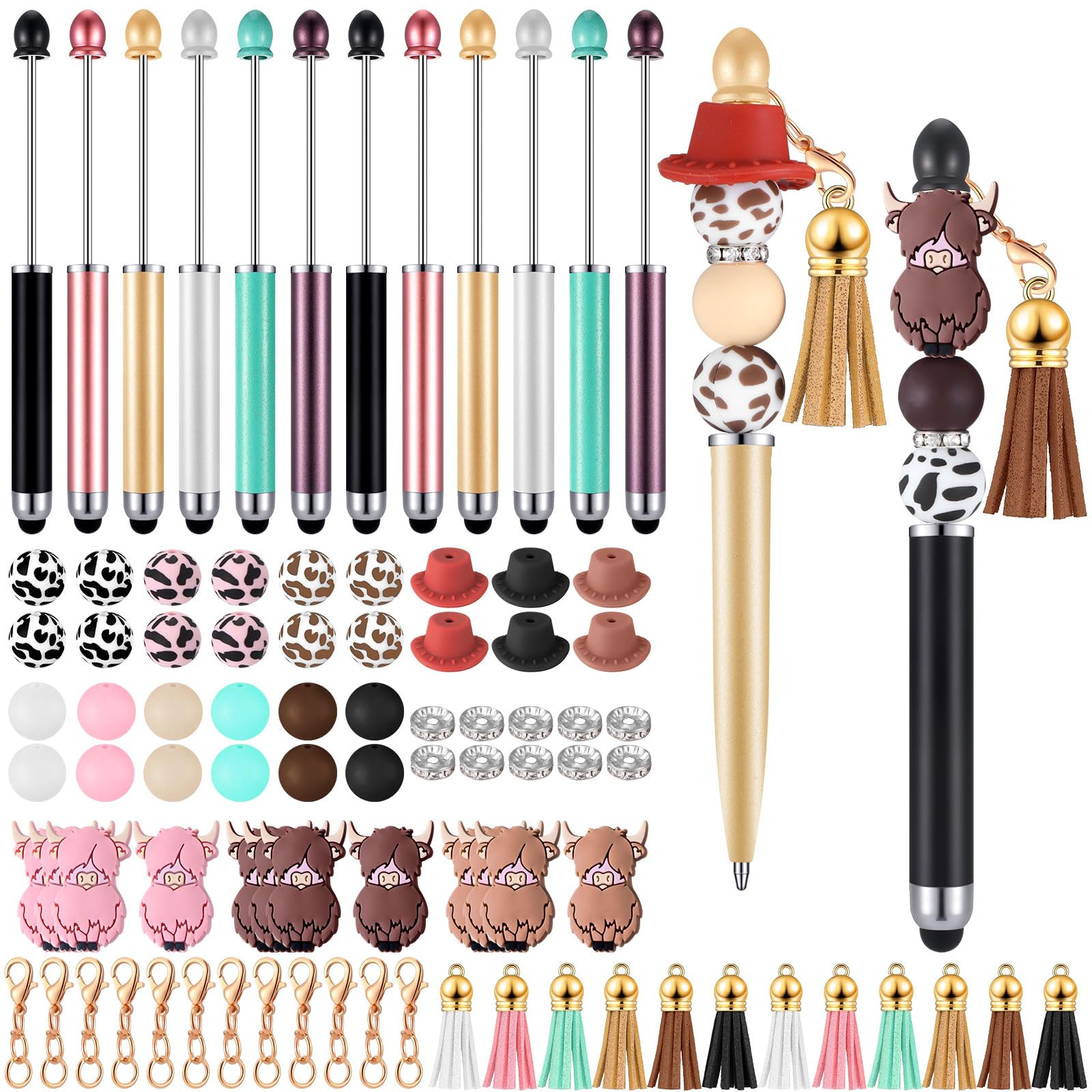 Gueevin 12 Pcs Plastic Stylus Beadable Pens with Many Assorted Silicone Colors Beads 2 in 1 Stylus Bead Pen with Black Ink Stylus Tip Suitable for DIY Making Gift Women Students School (Cattle)