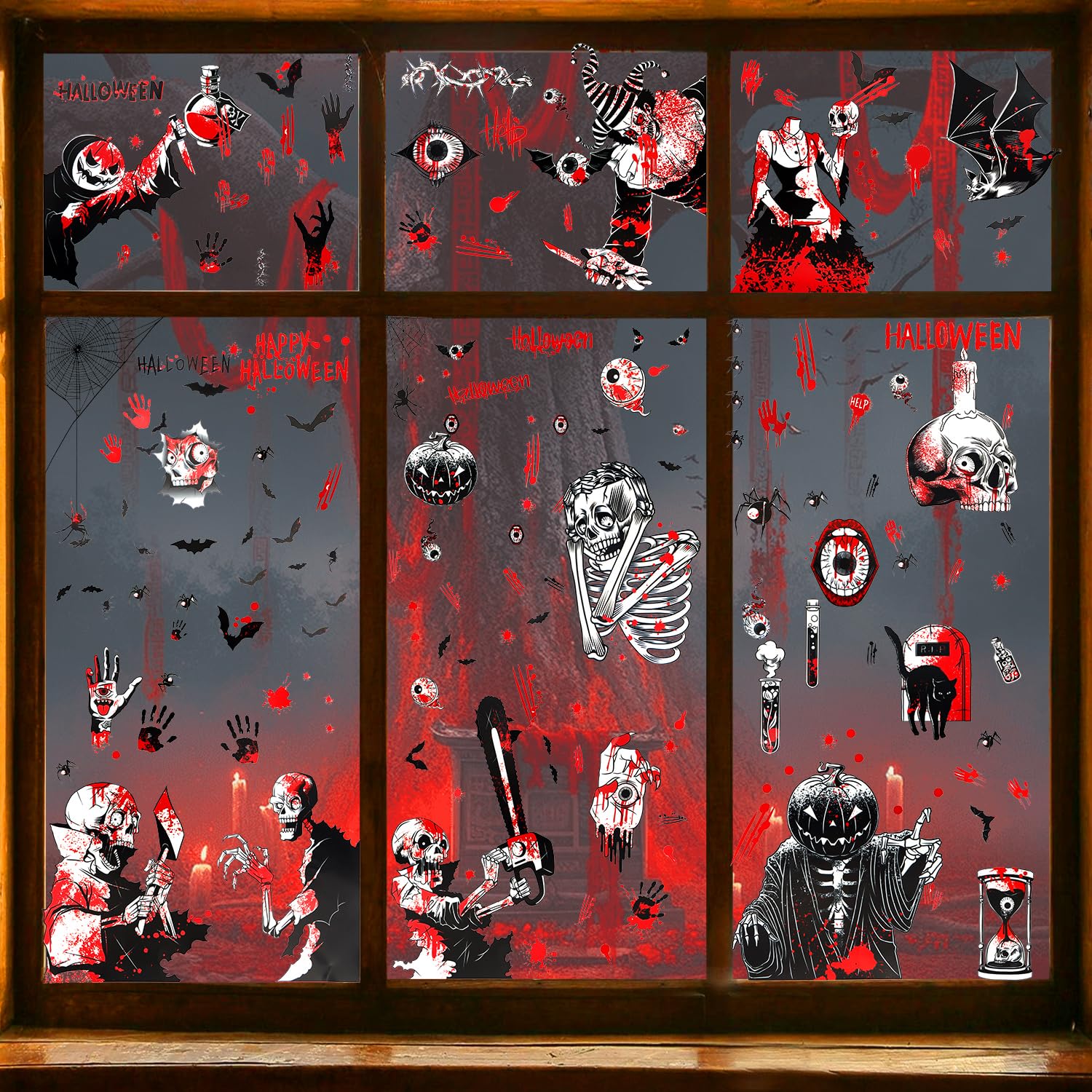 Owill Red-Black Halloween Window Stickers, 9 Sheets Window Decorations Horror Bloody Stickers Skeleton Bat Spider Eyeball Clings For Party Decoration