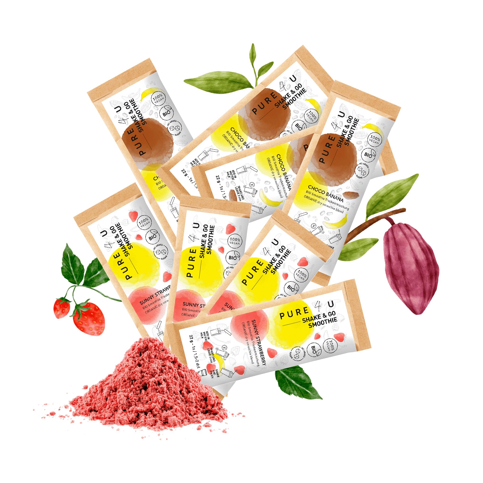 PURE4U BIO Choco & Erdbeere To Go Smoothie Shake Pulver (4x Choco Banana, 4x Sunny Strawberry) | Shake&Go Smoothie Pulver | Ohne Zuckerzusatz | Leichte Zubereitung ohne Mixer