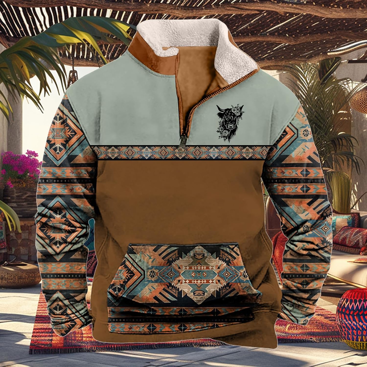 Mens Quarter Zip Pullover Aztec Cowboy Long Sleeve Graphic Sweatshirts Tops Casual Ethnic Clothes - Image 2