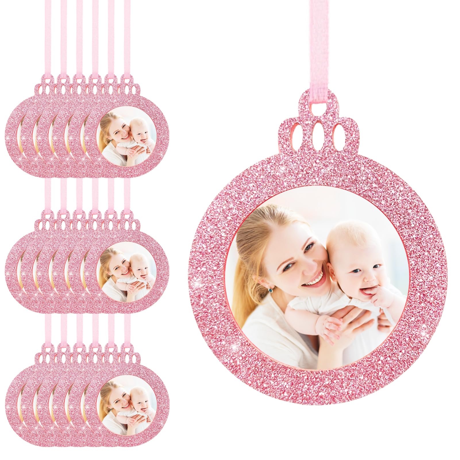 Fassory Pink 20 Pcs Christmas Photo Baubles, Xmas Tree Photo Ornaments, Pictured Gift Tags, Anniversary Birthday Party Decorations ( Christmas Bauble)