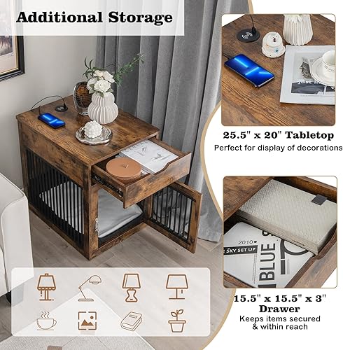 Miniatura 3 de Giantex Mesa auxiliar para jaula de perro, perrera de madera con cojín extraíble, cajones de almacenamiento, puerta con pestillo, soporte de carga