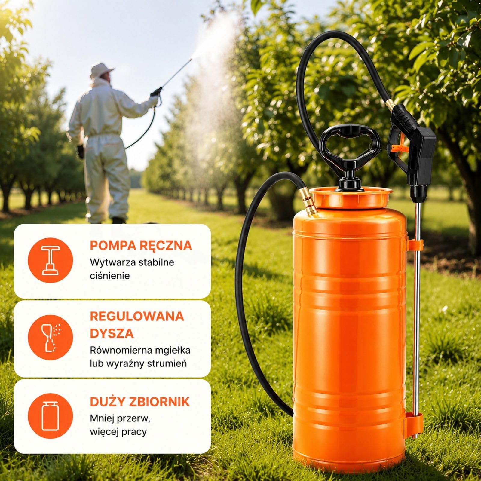 Opryskiwacz ciśnieniowy ze stali nierdzewnej 13,2 l, pomarańczowy zbiornik z lancą, uchwyt pistoletowy, czarny wąż, 2 mosiężne dysze do budowy i ogrodu