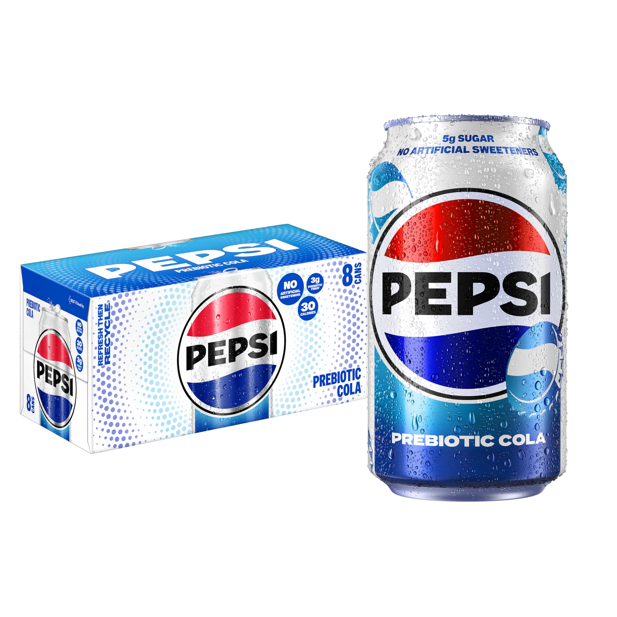 Pepsi Prebiotic Cola 12 fl oz Cans 8 Pack 30 Calories 5g Prebiotic Fiber 5g Sugar Soda Pop