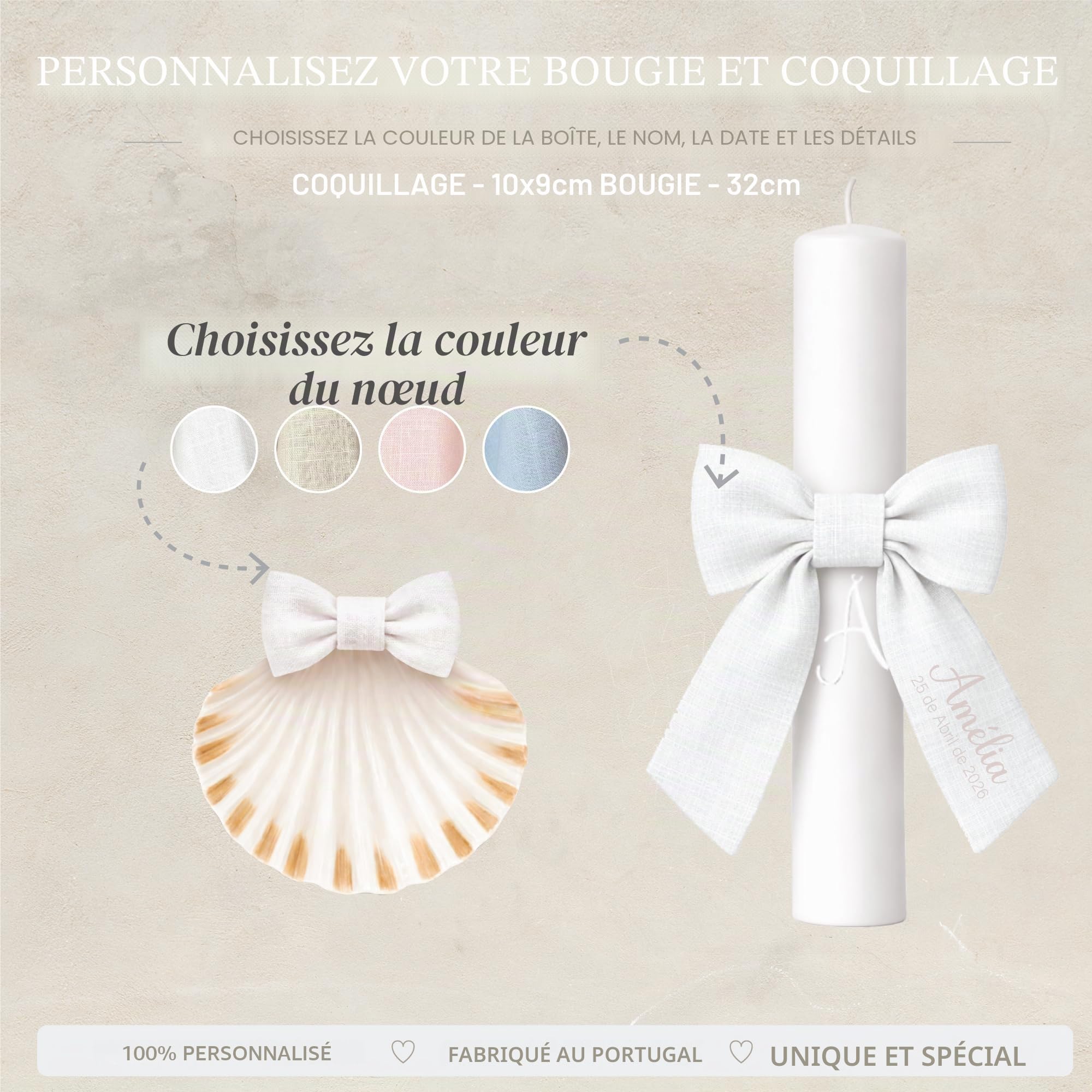 Kit de Baptême Personnalisé Bébé – Coffret Baptême avec Prénom et Date – Bougie, Serviette en Lin, Coquille Baptême – Cadeau Baptême Fille Garçon