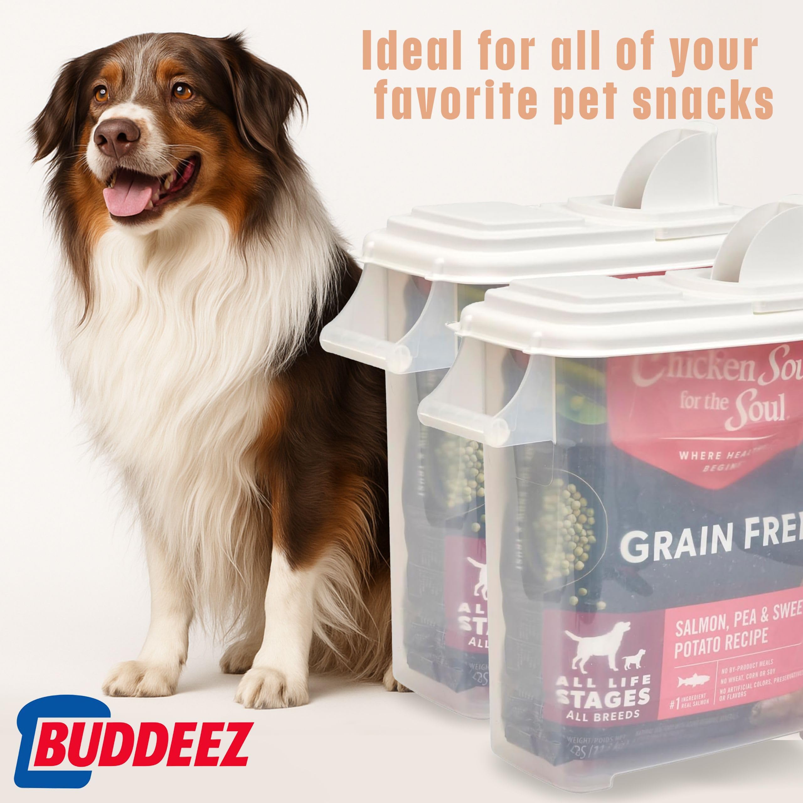 Amazon.com : Buddeez 32 Quart Pet Food Dispenser with Lid - Airtight Storage  for Dog Food, Cat Food, and Bird Seed - Easy Pour Spout for Mess Free  Serving : Pet Food