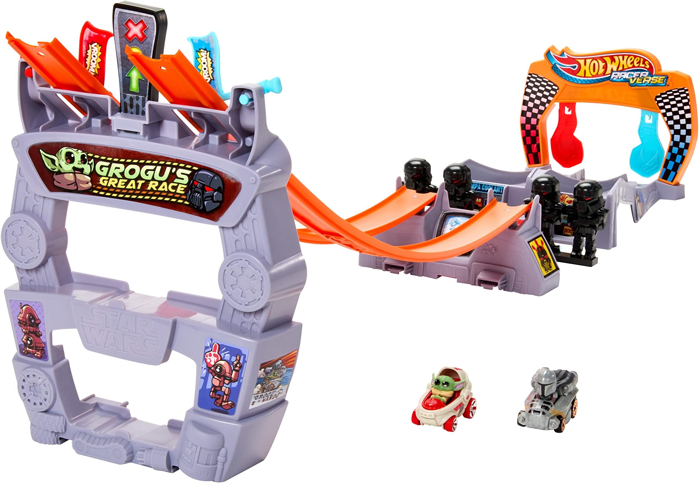 RacerVerse, Grogu s Great Race Track set, Star Wars Track Set with Die-Cast Hot Wheels Racers Inspired by Star Wars: Grogu and The Mandolorian, HPL32