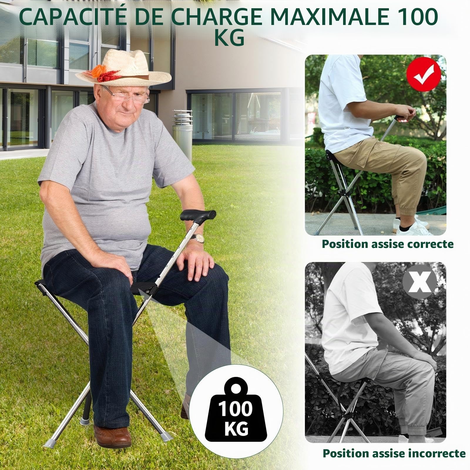 Bâton de marche avec assise pliable 80-90 cm avec assise et base en silicone antidérapant portable, léger avec capacité de charge de 100 kg pour personnes âgées de 140-190 cm