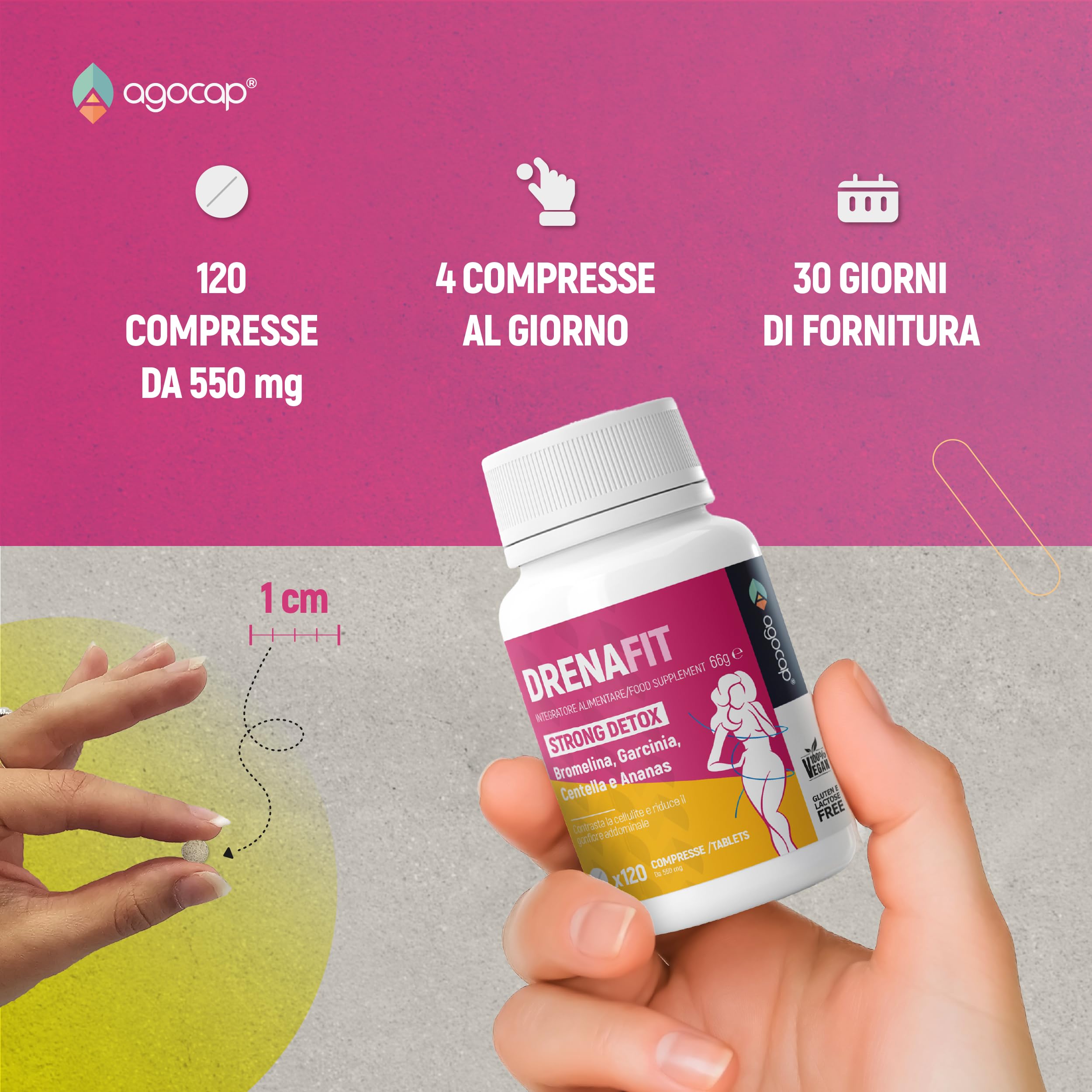 Drenante Linfatico con Bromelina, Centella Asiatica e Finocchio – Supporto Drenaggio Liquidi e Benessere Corpo, Antiossidante con Bromelina forte, Carciofo e Tarassaco – 120 cpr Agocap - 5