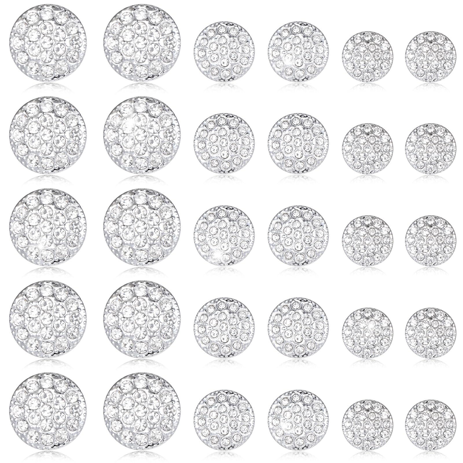 30 Pcs Silver Rhinestone Buttons for Clothing, Crystal Embellishments for Clothing Round Sparkle Buttons Flat Back Crystal DIY Decoration Bottons for Sewing Crafts Wedding Bridal 3 Sizes