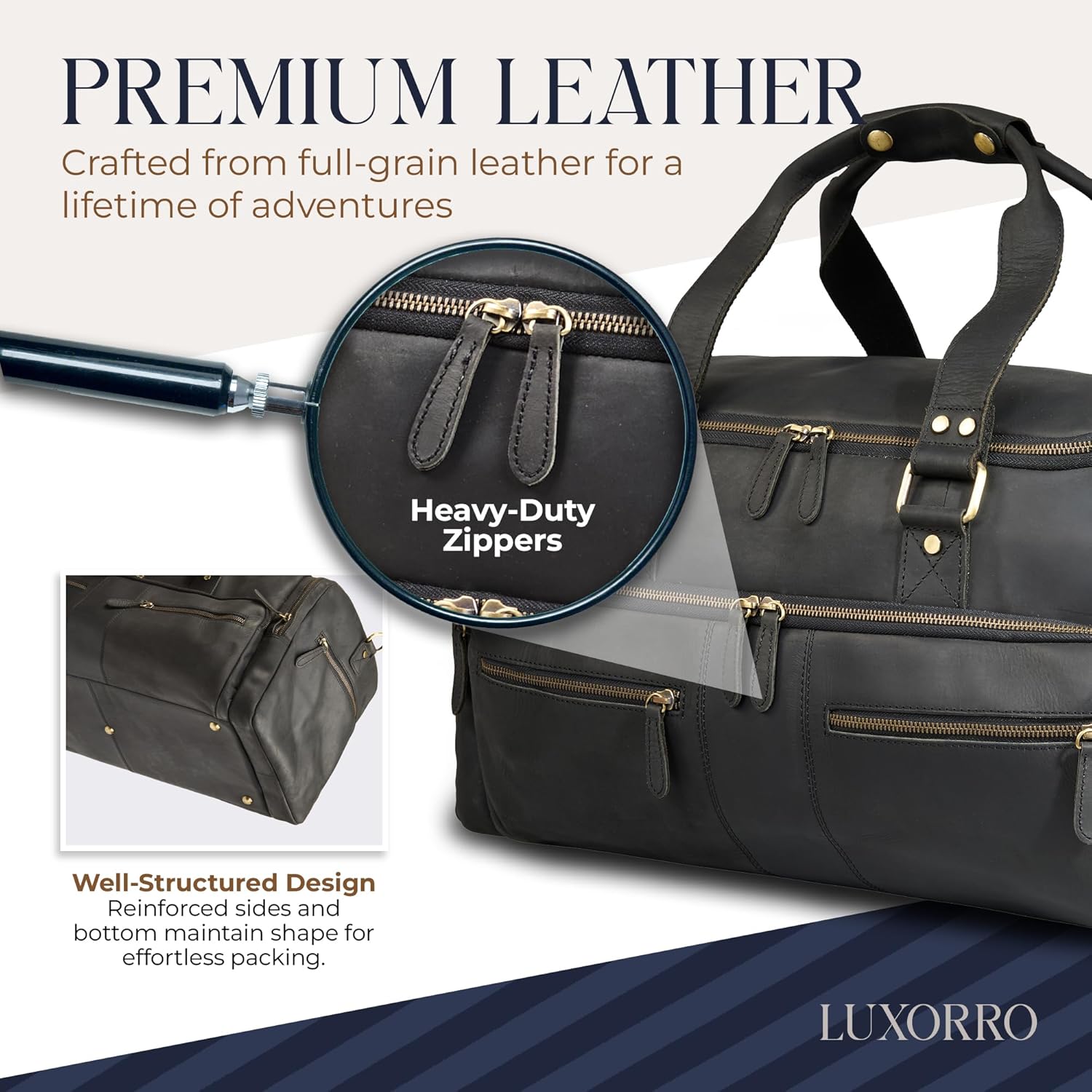 full grain leather duffle bag open interior showing packing