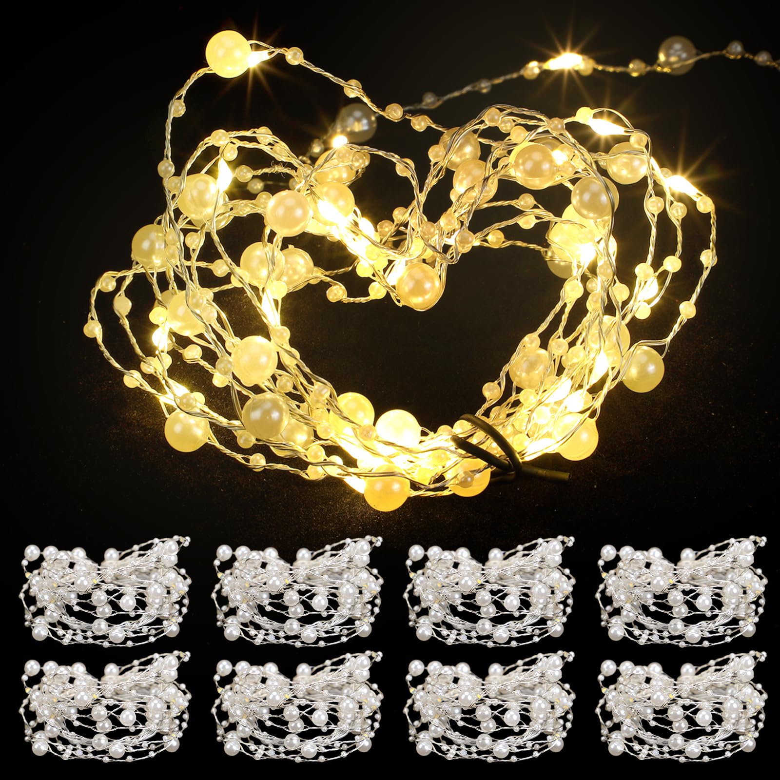 Retisee 8 Pcs 10 ft 30 LED Lights Pearl Beads String Lights Christmas LEDs White Pearl Garland Battery Powered Pearl Light with 2 Lighting Modes for Wedding Xmas Birthday Party Event Home Decorations