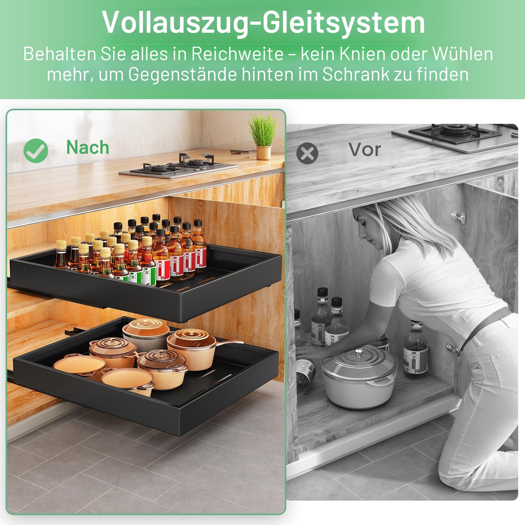 SAYZH Teleskopschublade, Ausziehbare Schubladen-Aufbewahrungsregale, (43Tiefe x 40Breite x 9Höhe cm) Ausziehbare Ausziehbare Schublade für Küchenschränke, Kein Bohren und Nageln Erforderlich