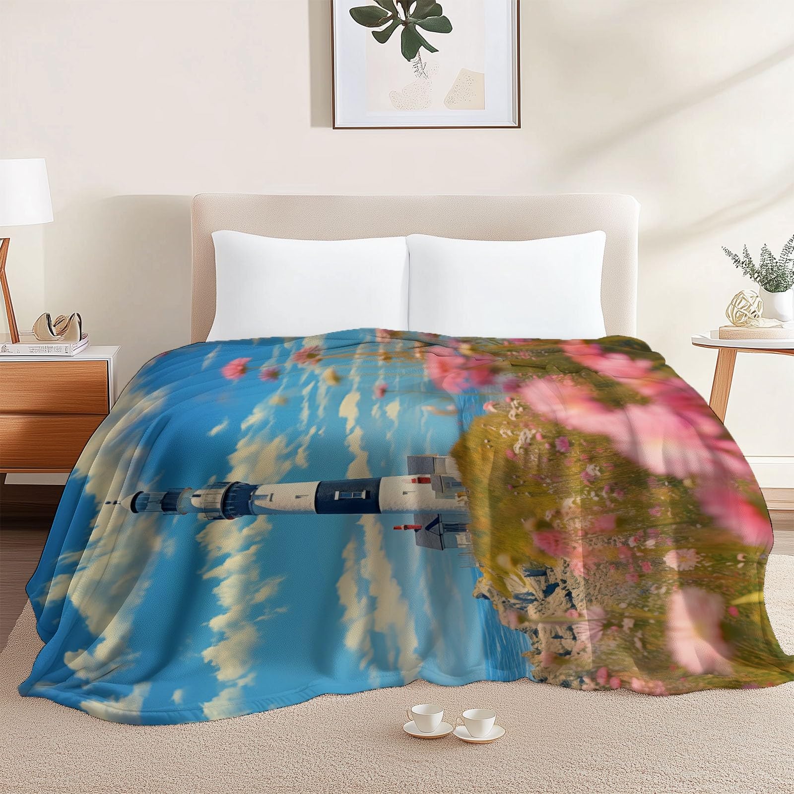 Koc polarowy 200 x 220 cm naturalna latarnia morska dzikie kwiaty koc polarowy jasnoniebieski flanelowy dla 2 osób, nadruki, miękkie i ciepłe na sofę łóżko