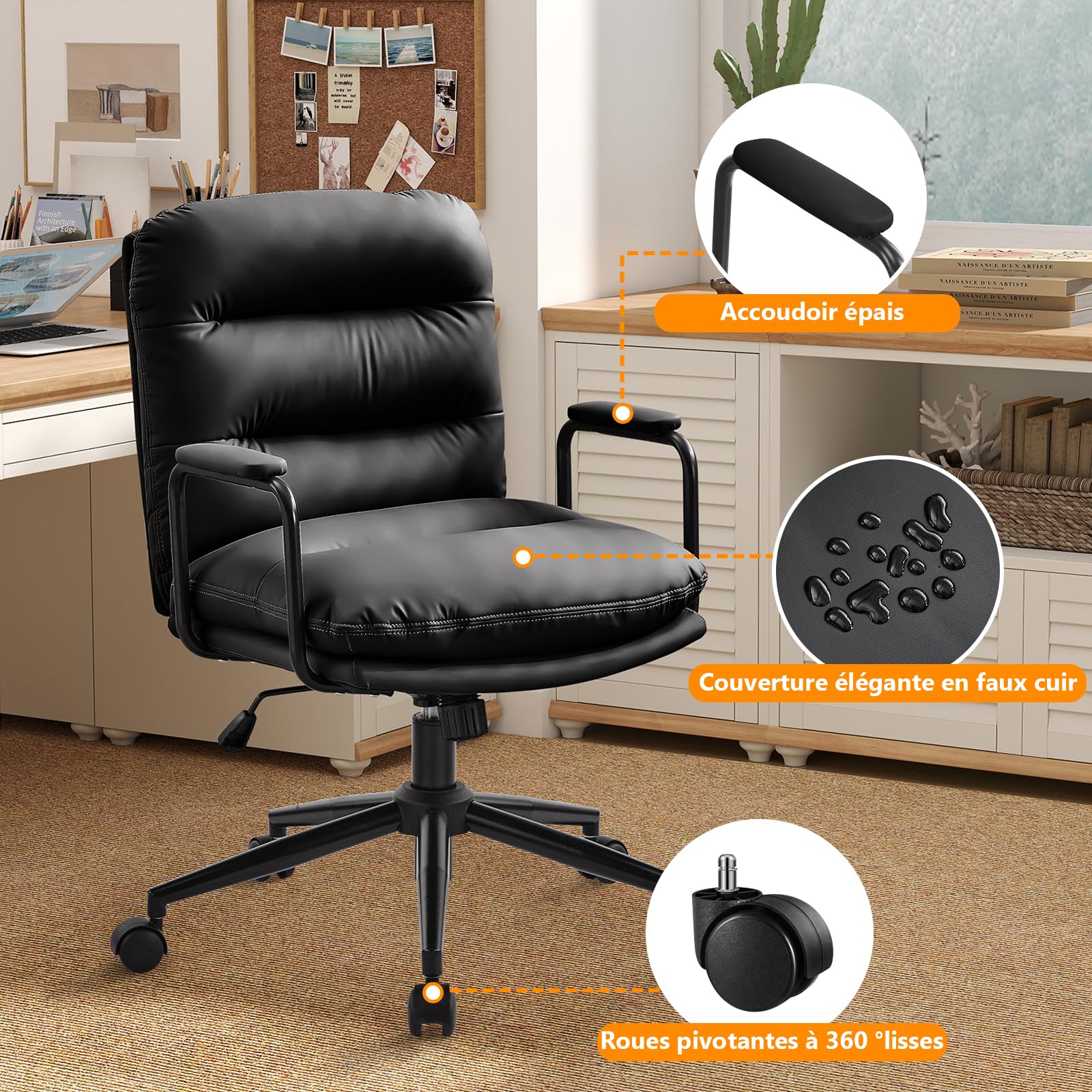 Fauteuil de Bureau Réglable en Hauteur Cuir PU avec Roulettes, Chaise Coiffeuse Bascule Pivotante Noir