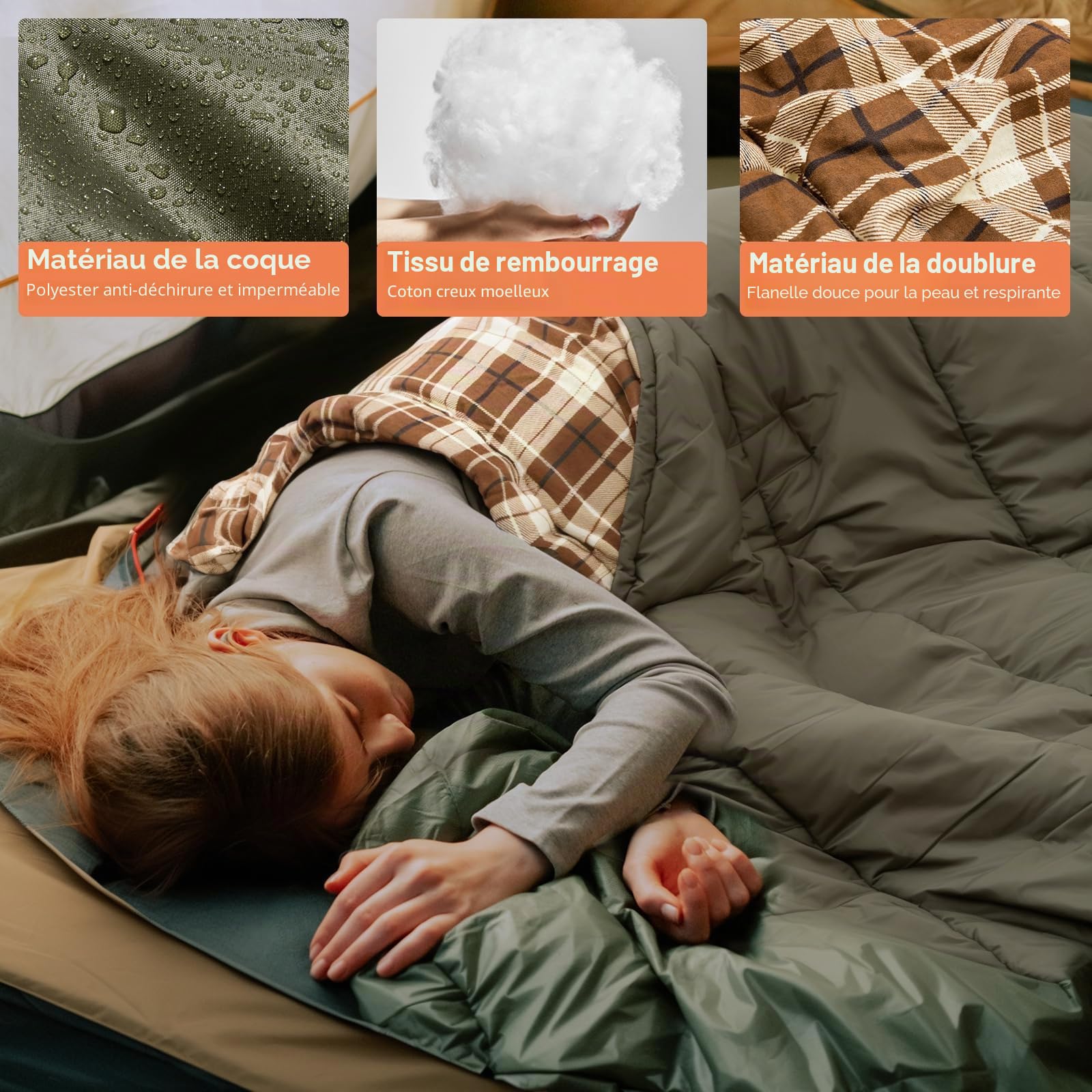 BISINNA Sac de Couchage 3 Saisons XXL en Flanelle avec Oreiller pour Adultes Chaud et imperméable pour la randonnée, Le Camping intérieur et extérieur, avec Sac de Compression