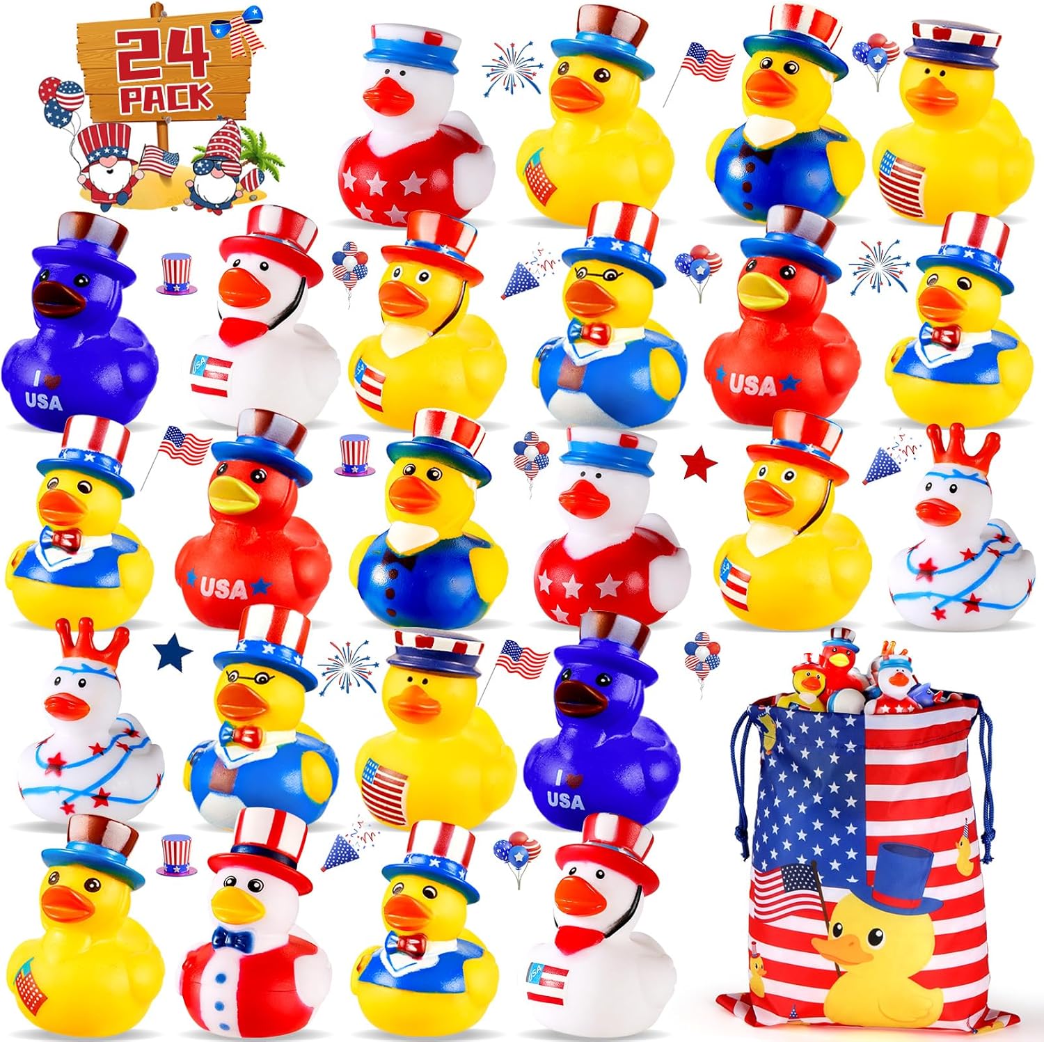 SCIONE 24PCS Patriotic Rubber Ducks, 4th of July Bulk Rubber Ducks for 4th of July Party Favors, Mini Duck for Cruise Ships Baby Showers Bath Toys Kids Party Favors Birthday Gifts