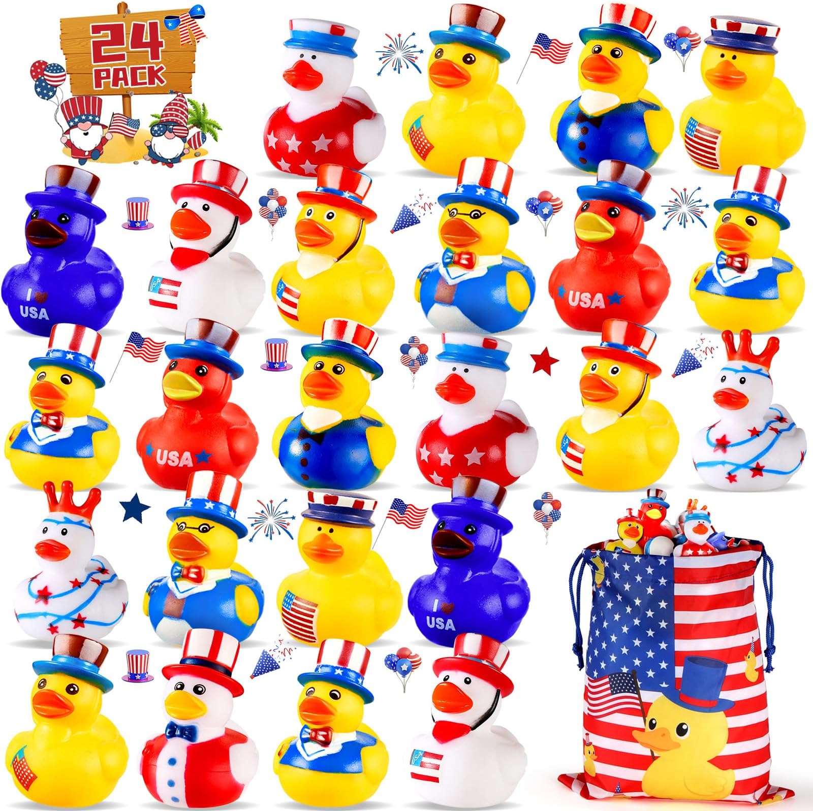 SCIONE 24PCS Patriotic Rubber Ducks, 4th of July Bulk Rubber Ducks for 4th of July Party Favors, Mini Duck for Cruise Ships Baby Showers Bath Toys Kids Party Favors Birthday Gifts