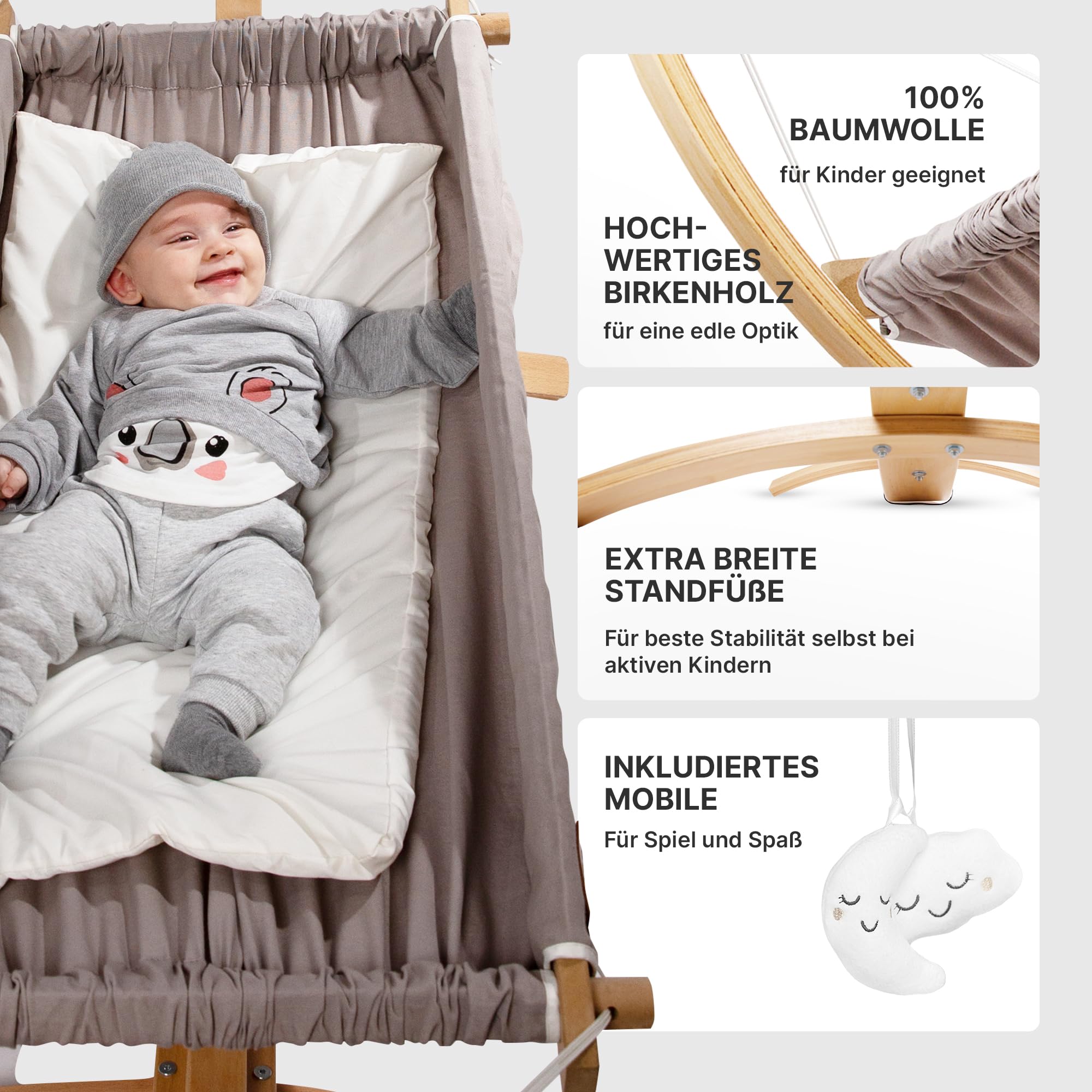 Baby Hängematte [QuickFix-Schlaufe] Babywiege Babybett Federwiege mit Gestell Kinderschaukel Babywippe für Kinderzimmer, Esszimmer, Wohnzimmer | Grau