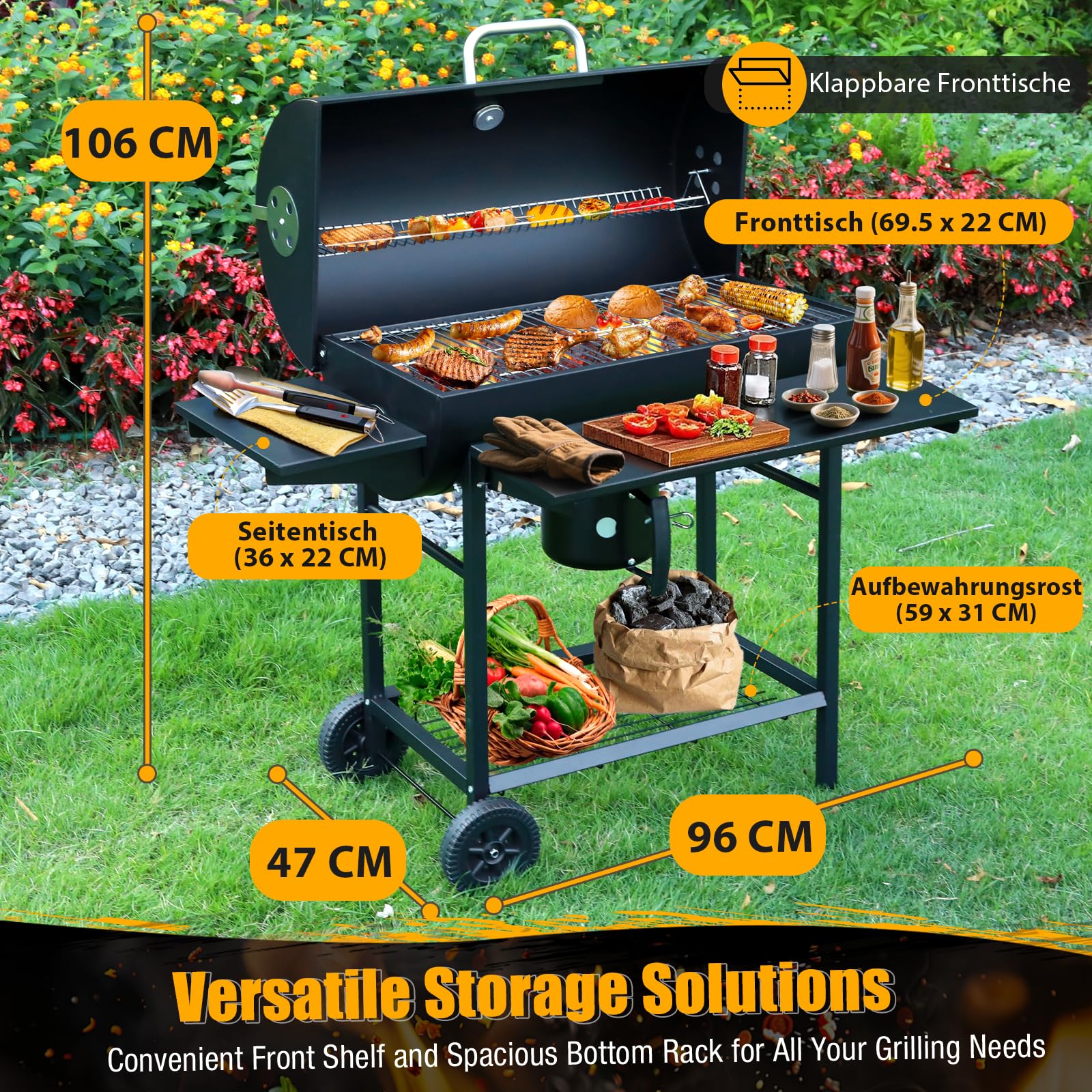 Großer Holzkohlegrill, BBQ Grill mit 4 Lüftungen, Robuster Garten Outdoor Grill