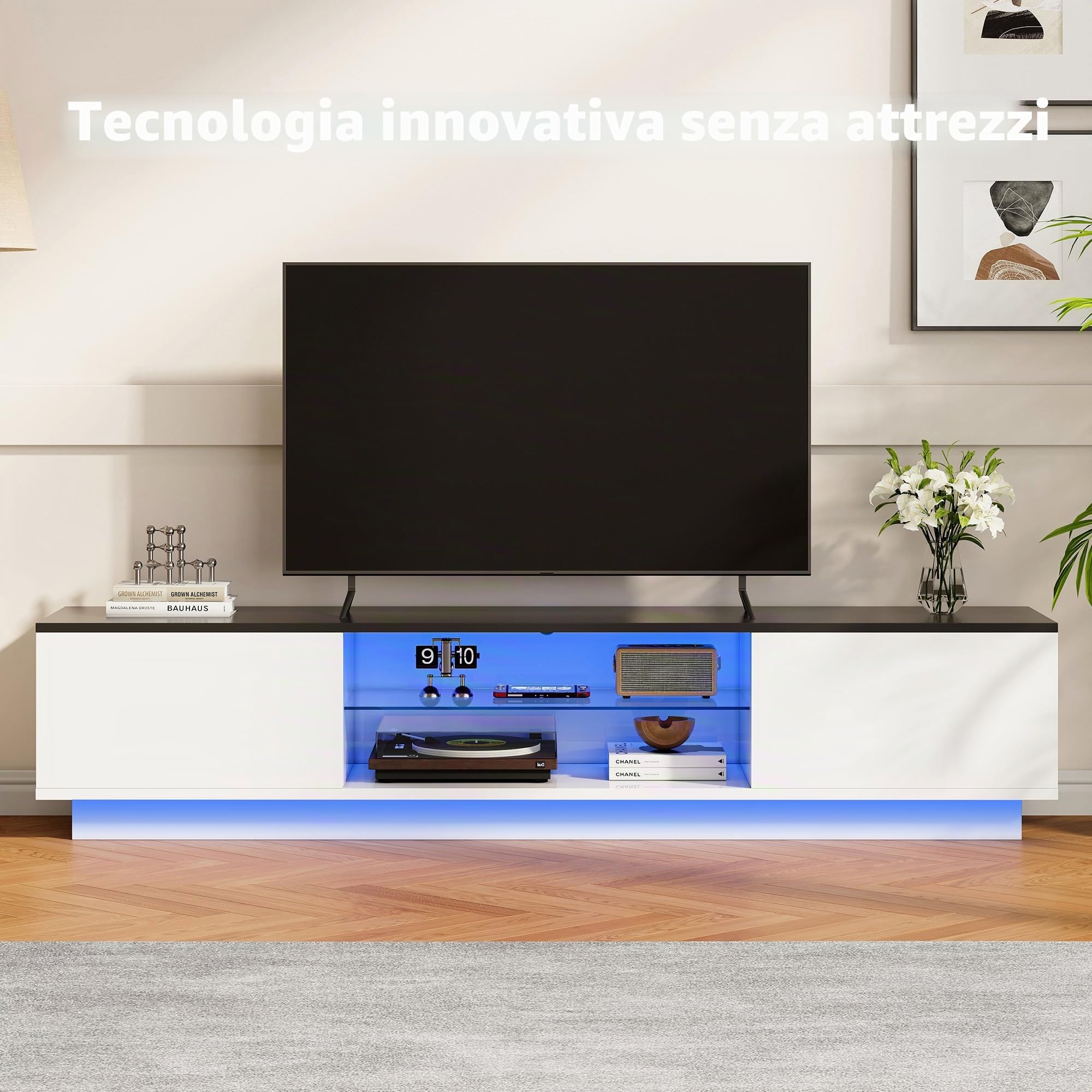 Mobile TV 160 cm, Mobile Tele con luci LED, Panca TV Bianco con Spazio di Conservazione, per TV fino a 65 pollici, Design moderno, Armadio-TV per Soggiorno, Camera da letto (Bianco-160 cm)