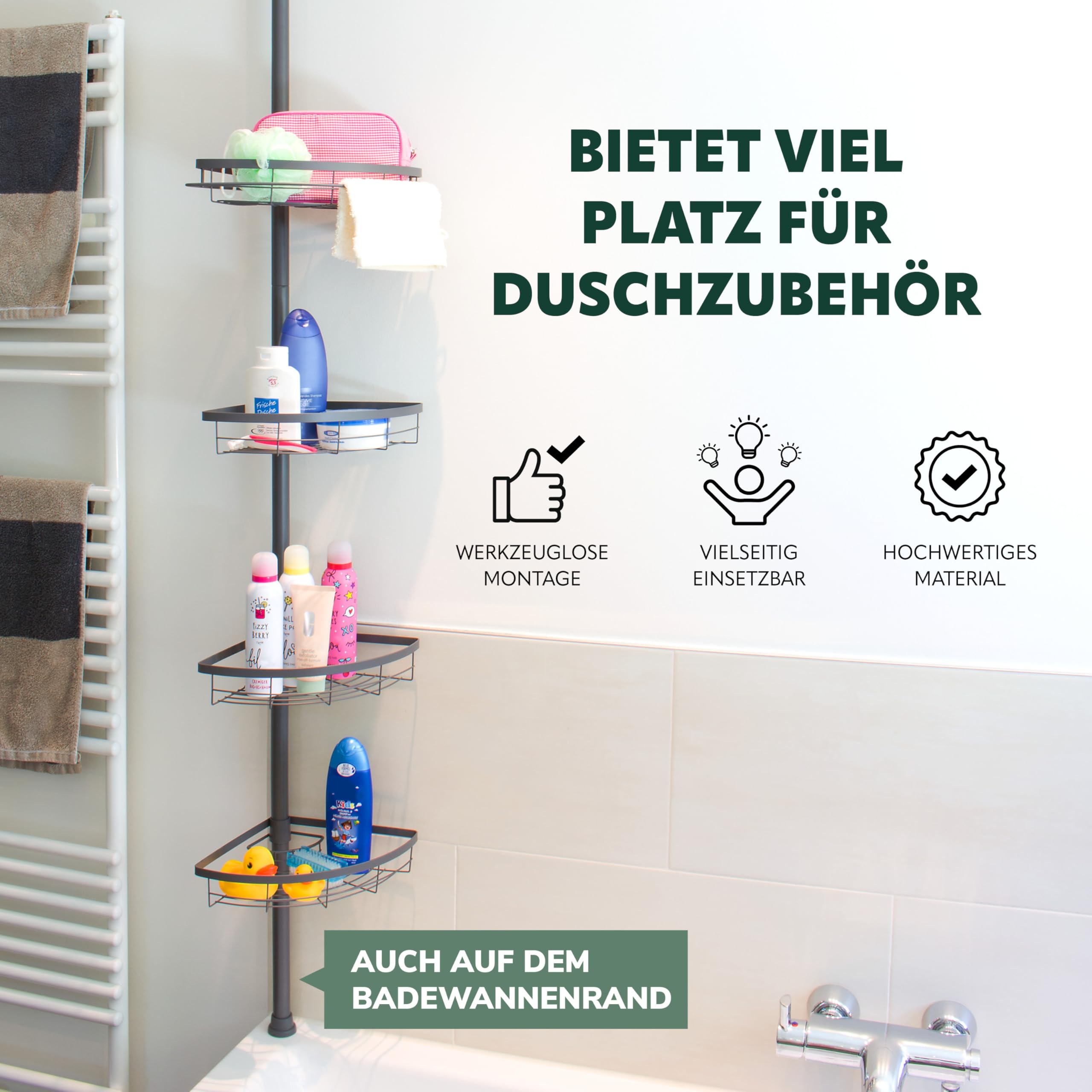 bremermann Teleskop-Eckregal, 4 Körbe, Teleskop-Stange bis max. ca. 290 cm (Grau)