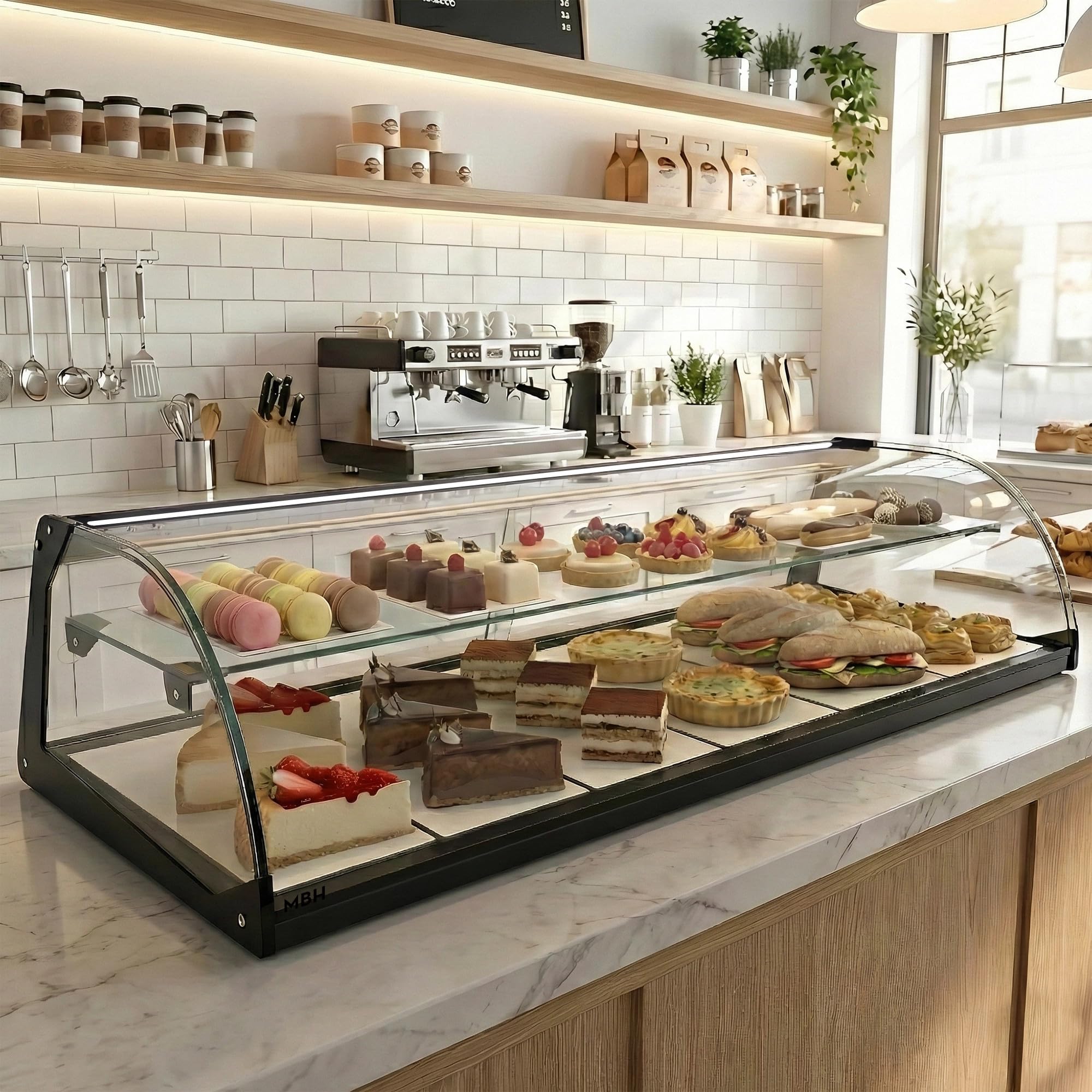 MBH - Neutrale Aufsatzvitrine 84 cm, gebogenes ESG-Sicherheitsglas, 2 Etagen, mit LED-Beleuchtung, mit rückseitigen Schiebetüren, für Bar, Café, Restaurant, Gebäck und Konditorei.