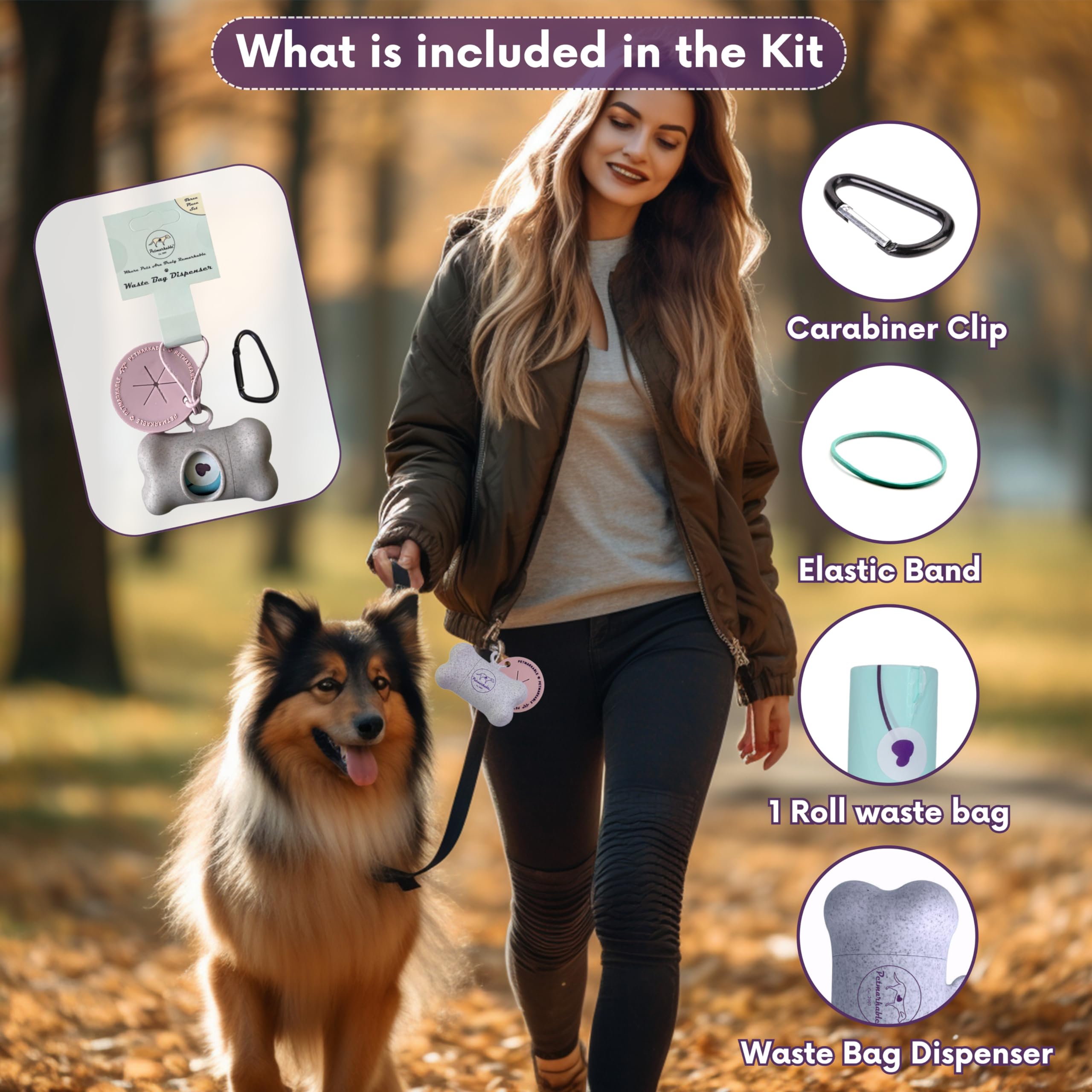 Kit completo de residuos para perros conscientes de la tierra: dispensador de bolsas de basura de paja de trigo con un rollo de bolsa de basura de almidón de maíz de 15 bolsas, mosquetón,