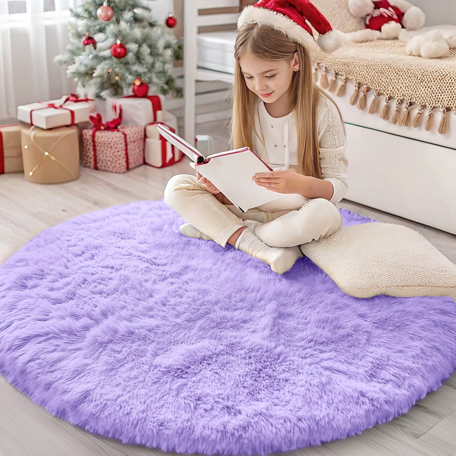 OLANLY Light Purple Round Rugs for Bedroom, 4 Ft Machine Washable Circle Area Rugs for Living Room, Non-Slip Fluffy Carpet for Teen Girls and Boys, Dorms, Nursery Rooms, Home Decor Aesthetic