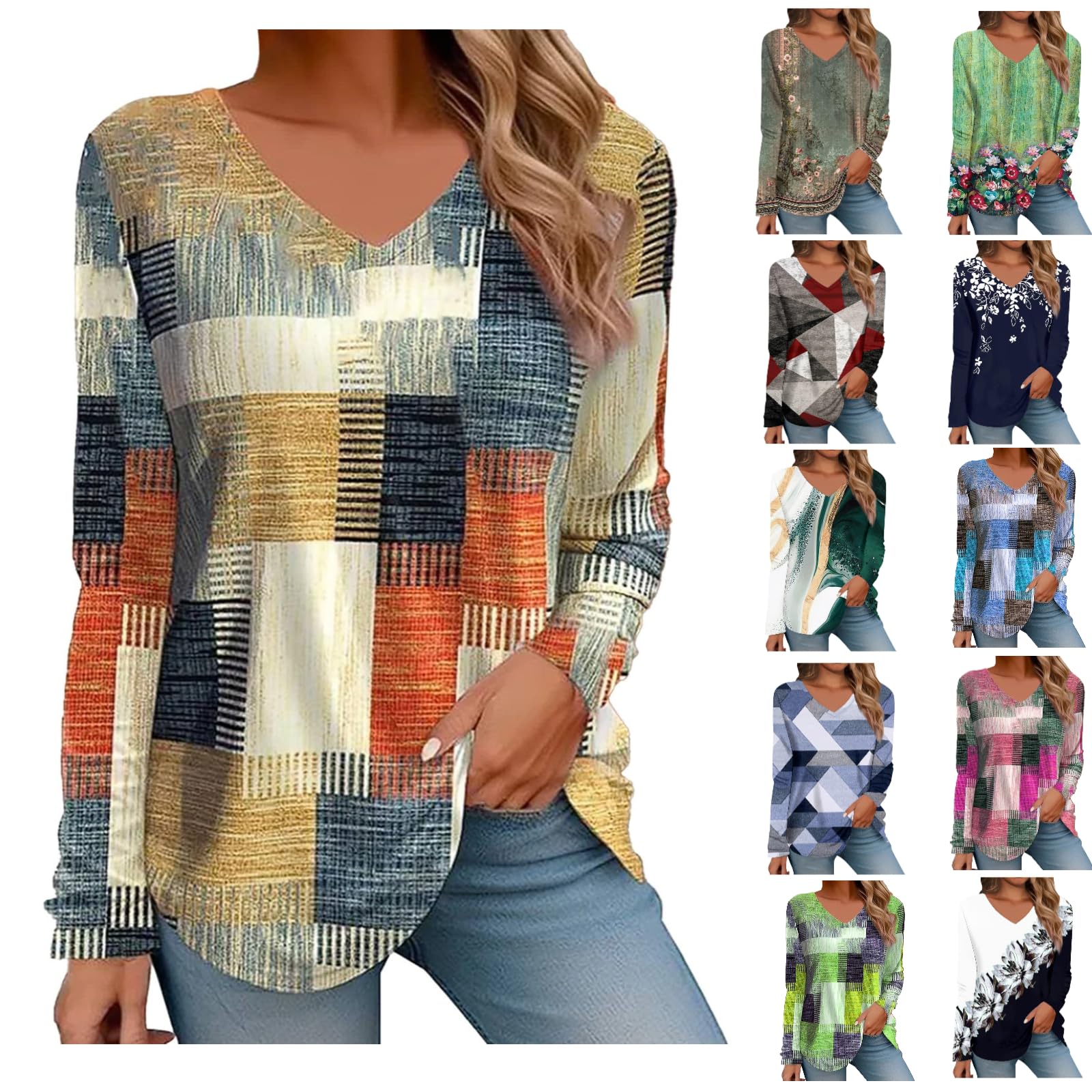 Womens Casual Long Sleeve V Neck Shirts Long Sleeve Shirts for Women Floral Top 2024 Fall Clothes