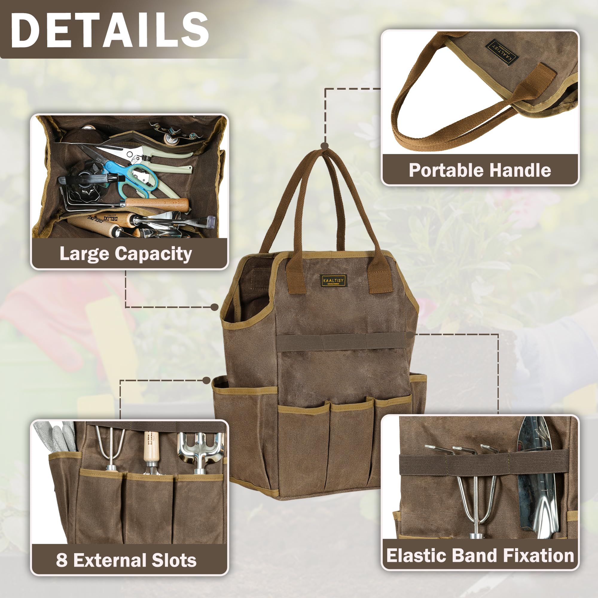 Bolsa de lona para herramientas de jardín, lona encerada de 16 onzas, bolsa de almacenamiento de herramientas de jardín, con 3 ranuras interiores y 8 bolsillos exteriores, bolsa organizadora de