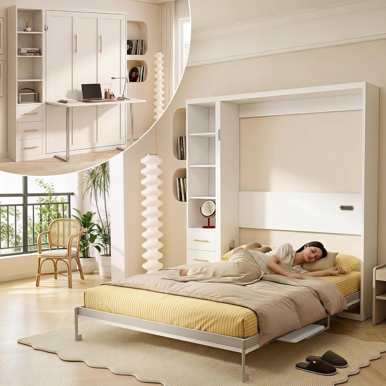 Olela Murphy Bed Cabinet Queen Size, Vertical Murphy Wall Bed Unit with 4-Hydraulic Lift System, Easy to Fold, Space Saving Hideaway Beds for Home Office Guest Room | 4-Hydraulic Lift