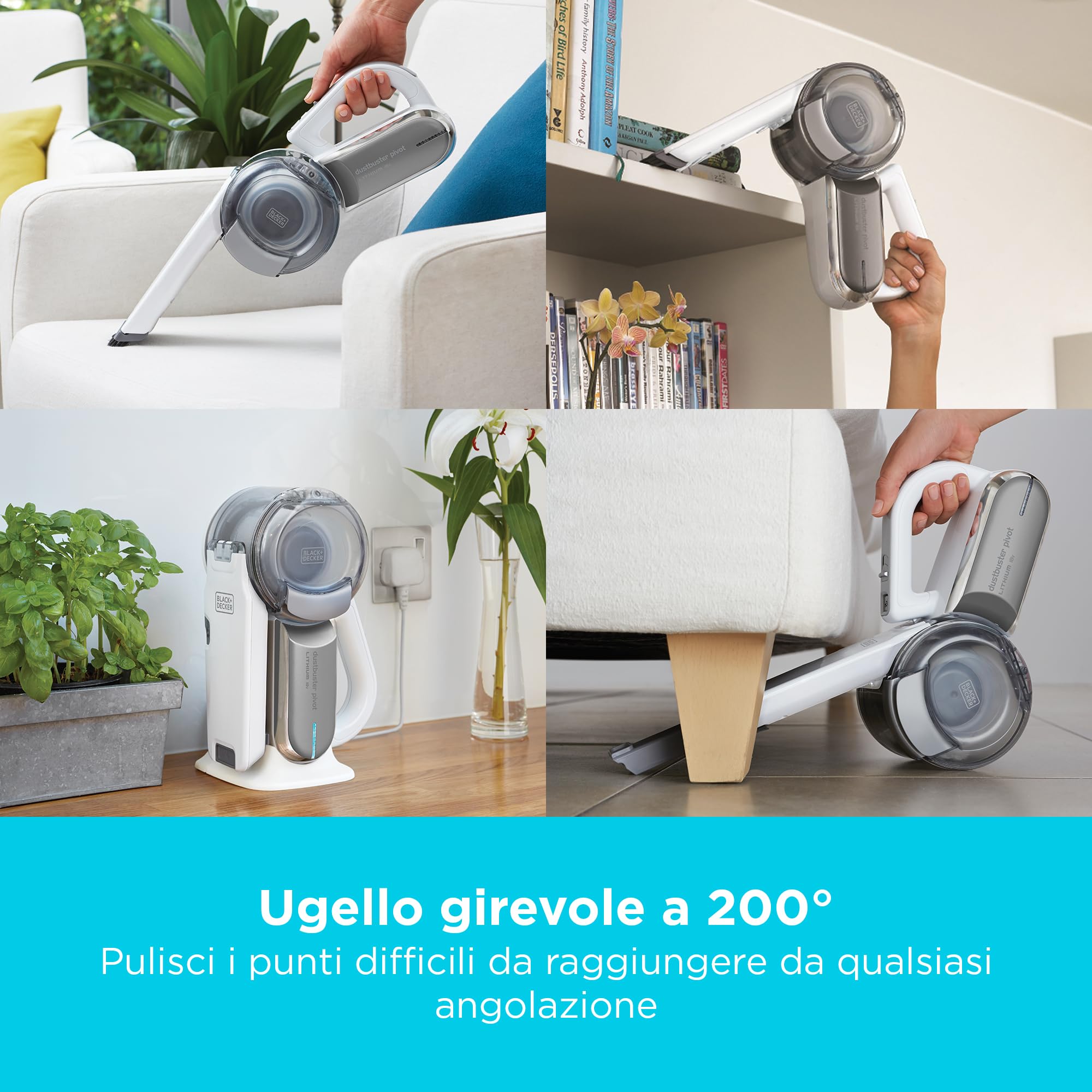 BLACK+DECKER Aspirapolvere portatile Cordless 18V con ugello girevole, 8 posizioni di pulizia, dock di ricarica e accessori, PV1820L-QW