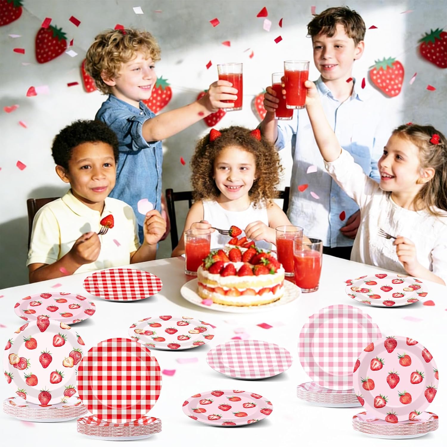 48Pcs Strawberry Paper Plates 7'' for Berry First Birthday Party Supplies Red Pink Checkered Strawberry Disposable Dessert Dinner Plates Tableware for Summer Berry Baby Shower Birthday Decoration
