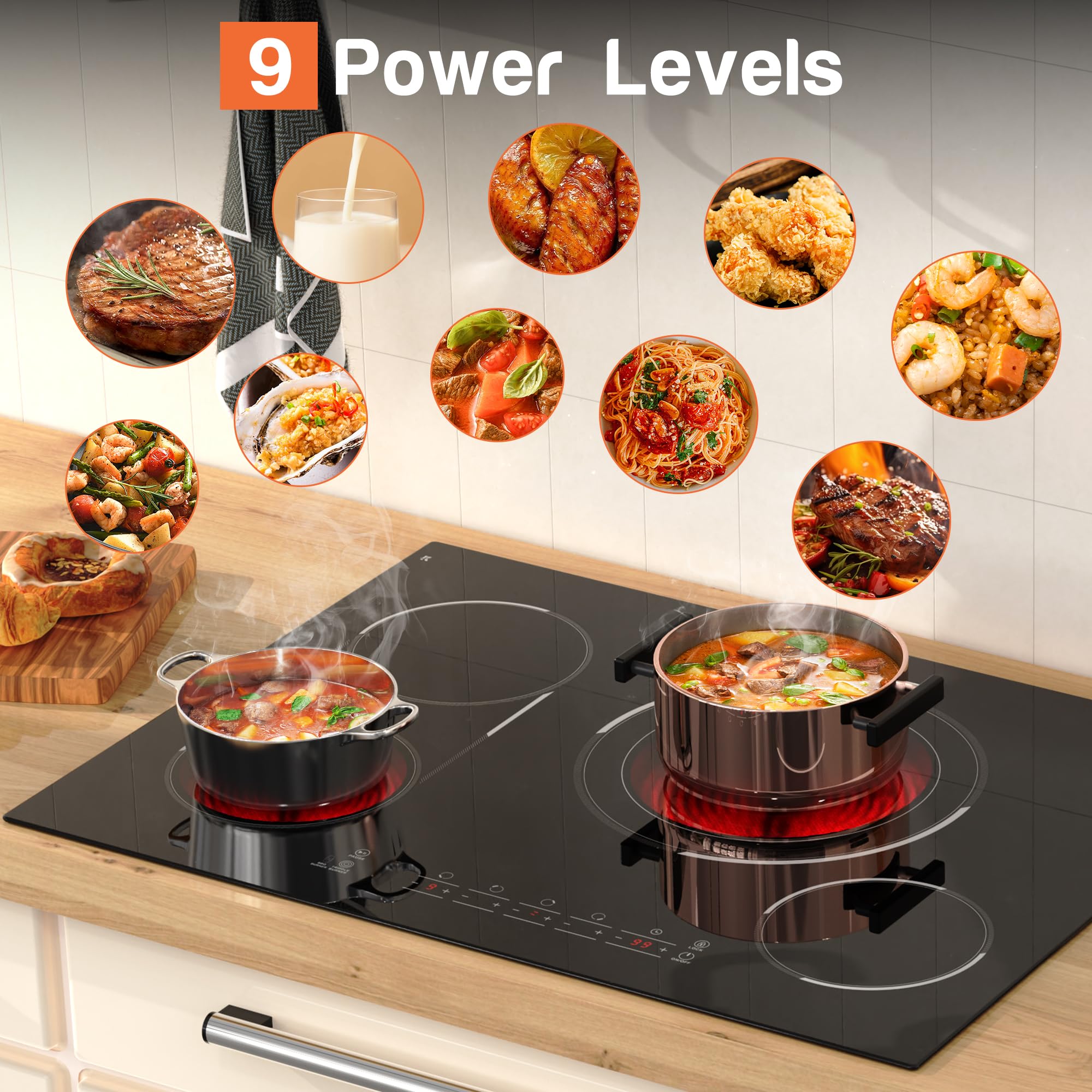 Cocina eléctrica de 30 pulgadas, 4 quemadores de cerámica incorporados, 7800 W, estufa eléctrica con quemador de barbacoa, control táctil, temporizador, bloqueo de seguridad infantil, función